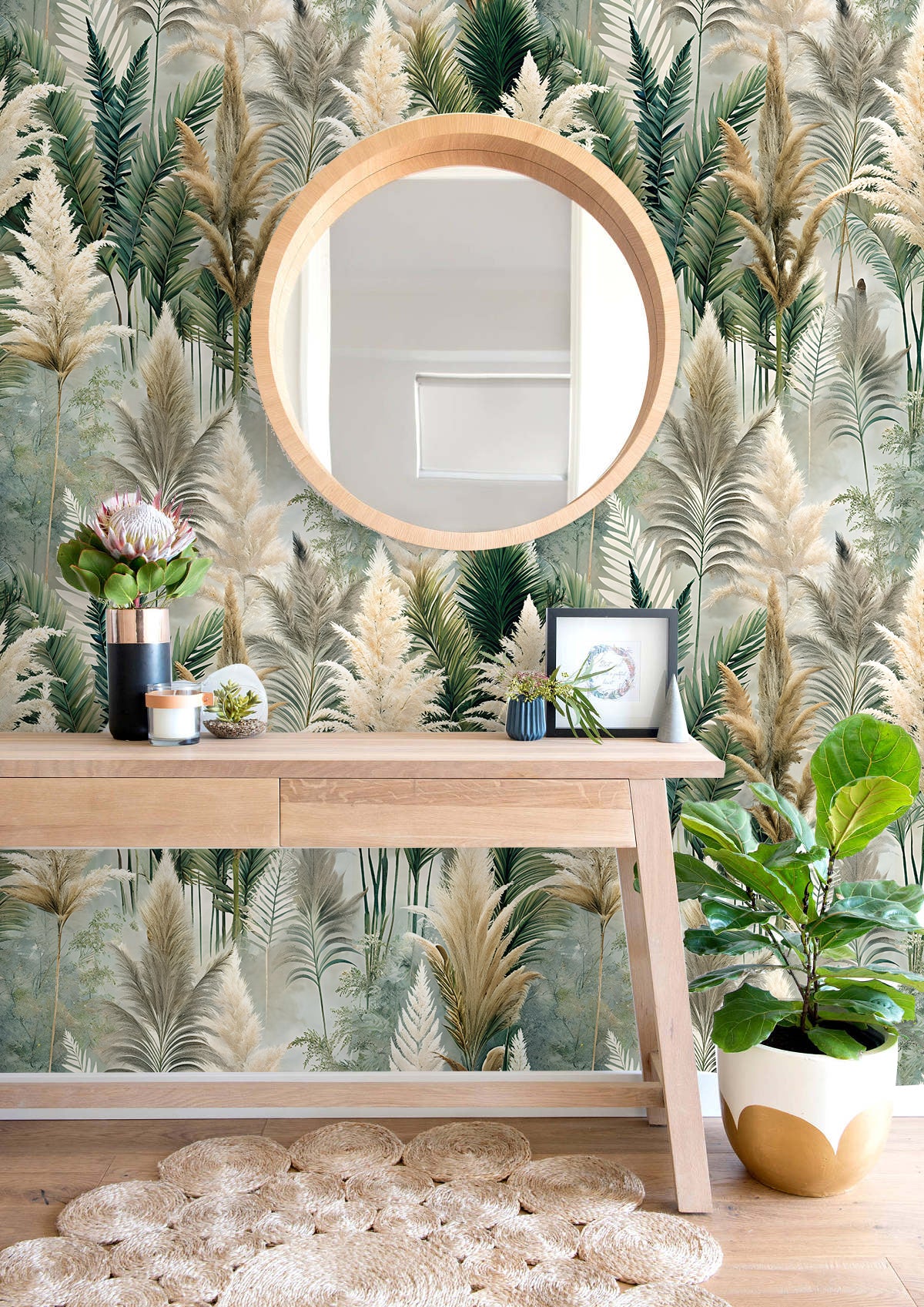 HaokHome Elegant Tropical Plants and Reed Wallpaper Natural Artistic Home Decor