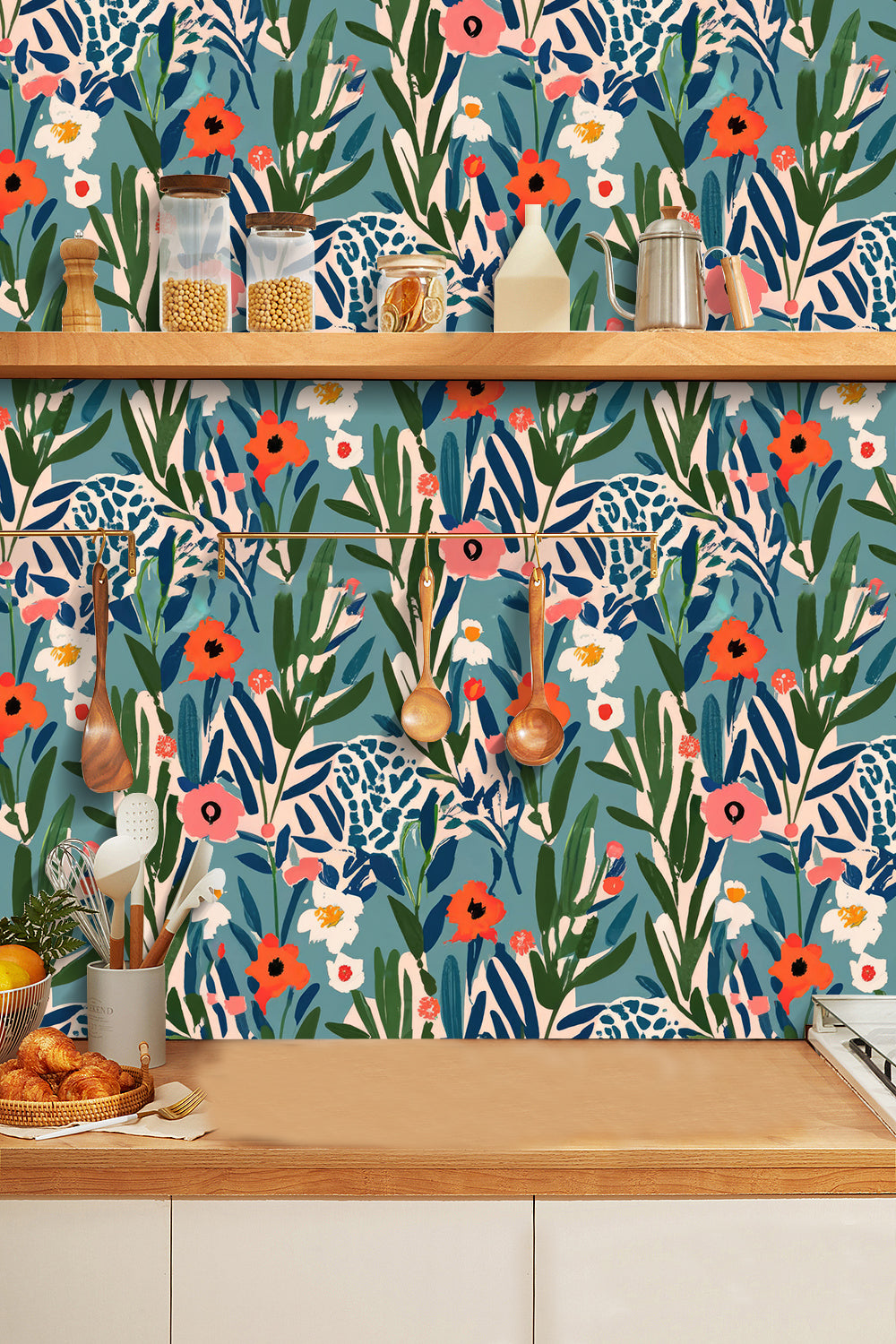 HaokHome Wallpaper Peel and Stick Floral Blue/Red/Green Abstract Wall Decor Removable Mural
