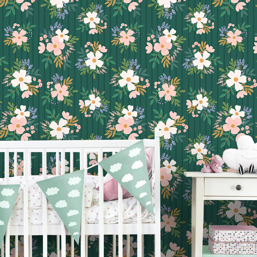 Dark Green Striped Floral Wallpaper – Soft Pastel Bouquet Print