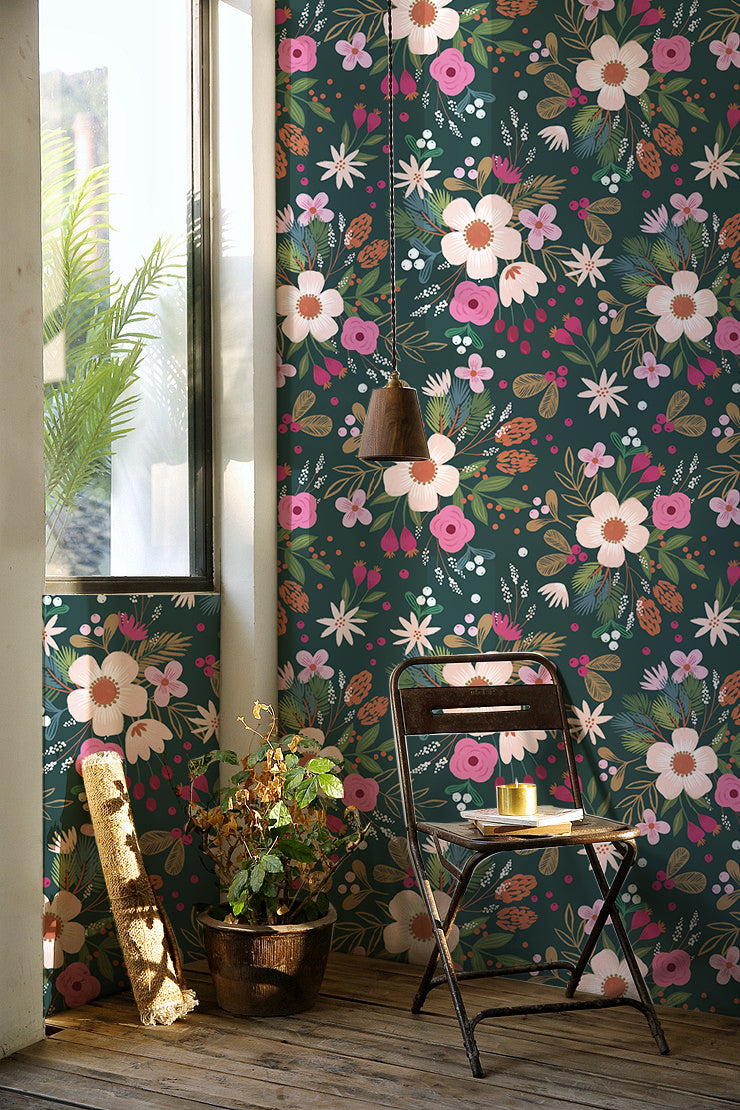 Deep Teal Winter Floral Wallpaper – Warm Soft Blossom Botanical Print