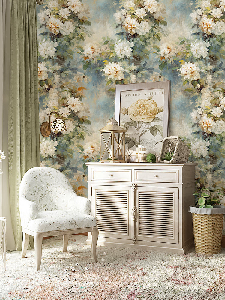 HaokHome Peel and Stick Wallpaper Rustic Vintage White Peony Oil Painting Wall Mural Removable Self Adhesive Soft Cottage Floral Wallpaper