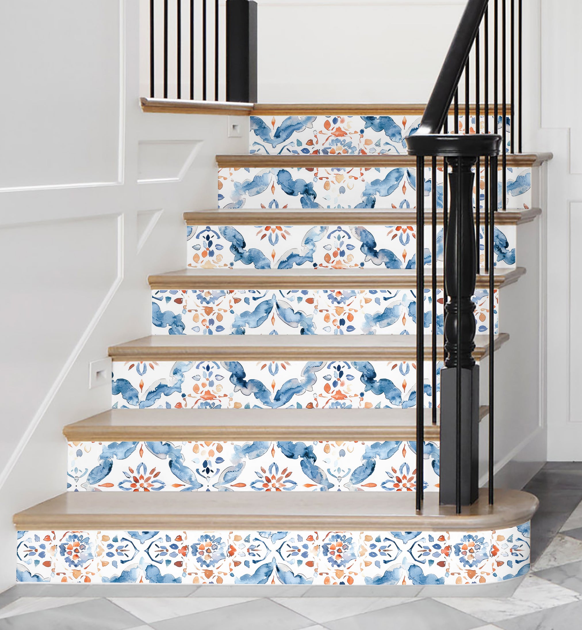 HaokHome Mediterranean Tile Peel and Stick Wallpaper Watercolor Pattern Removable Wall Decor for Kitchen & Bathroom