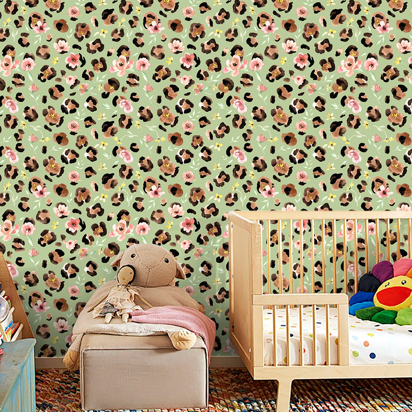 HaokHome Watercolor Leopard Floral Peel and Stick Wallpaper – Pink Flowers on Sage Green Background