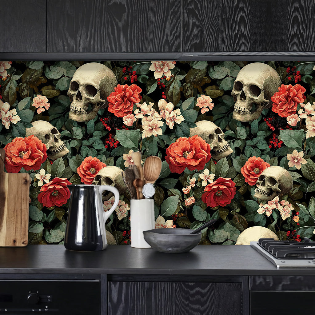 Skull Floral Wallpaper – Dark Gothic Moody Botanical Print