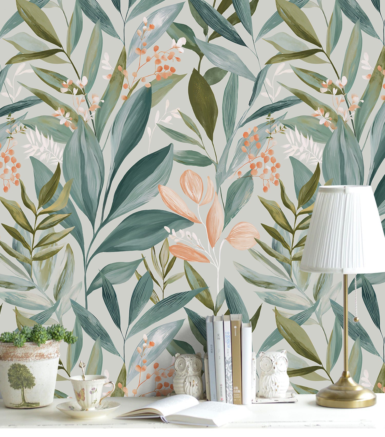 HaokHome Peel and Stick Wallpaper Watercolor Green Leaf Botanical Wall Mural Removable Self Adhesive Soft Sage Floral Wallpaper