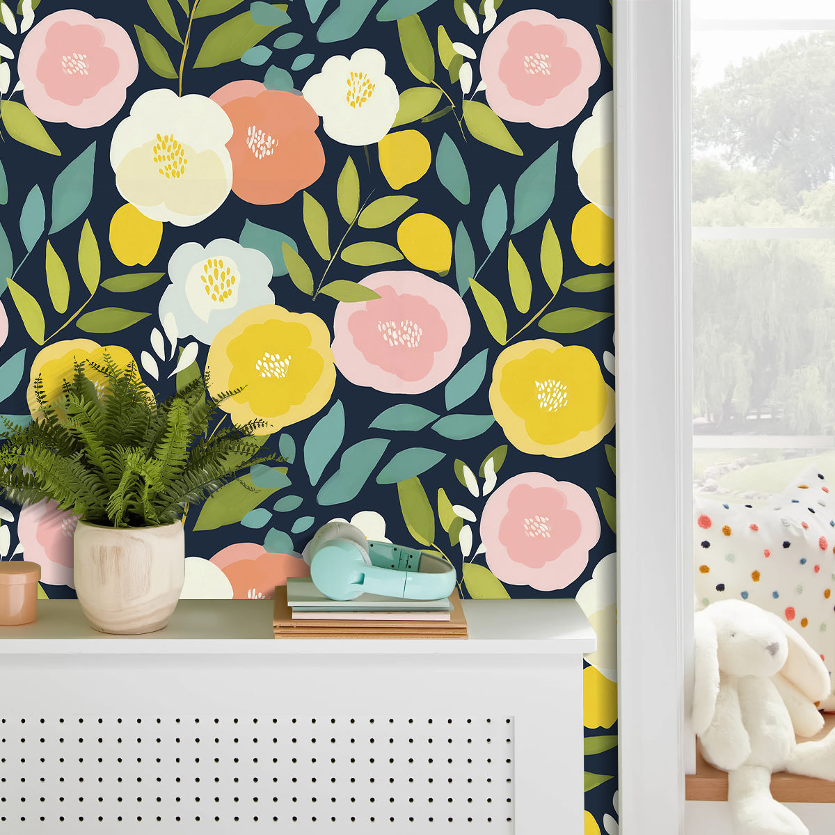 HaokHome Navy Botanical Peel and Stick Wallpaper, Colorful Flower & Leaf Removable Wallpaper for Renters