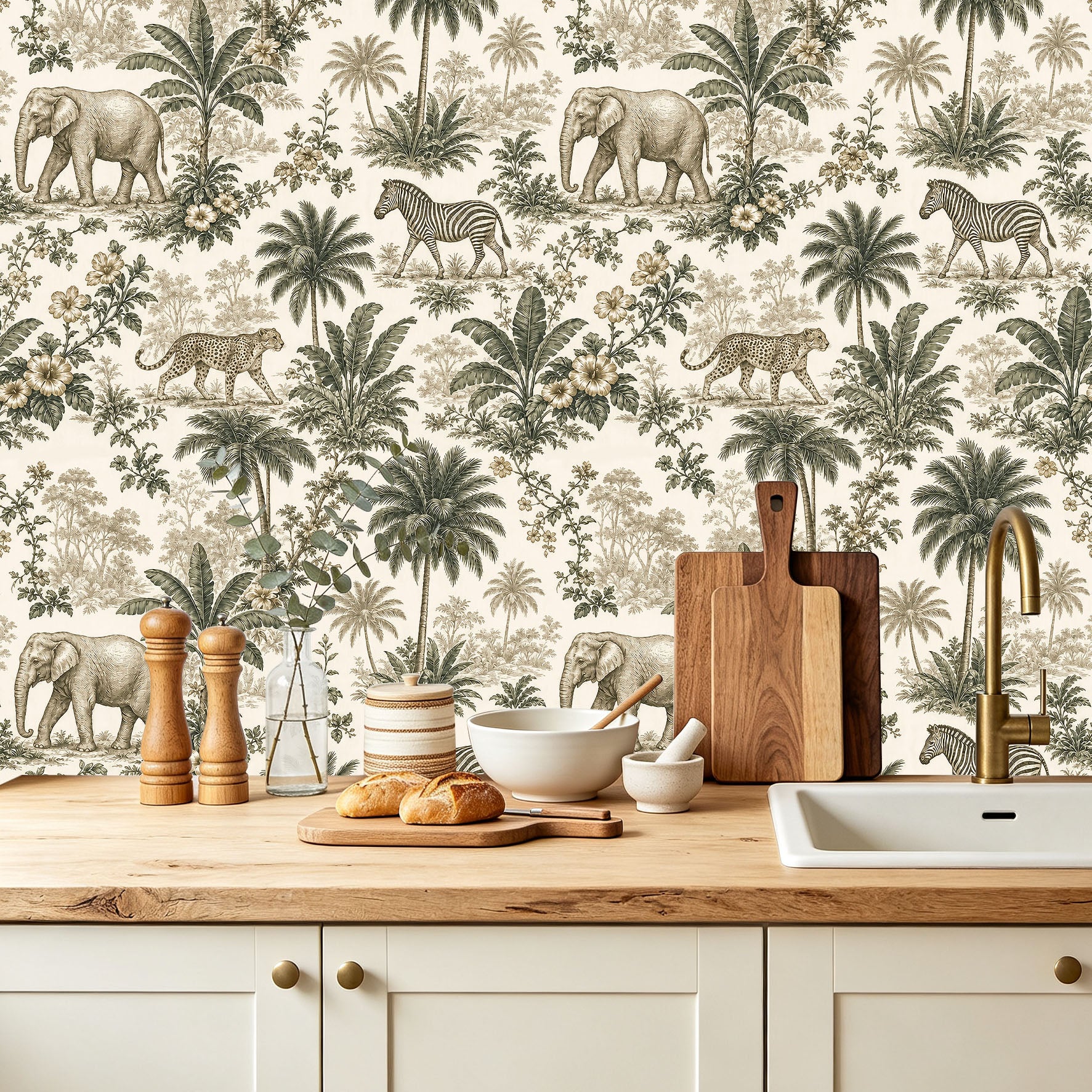 Safari Toile Wallpaper – Vintage Jungle Sketch Wallpaper