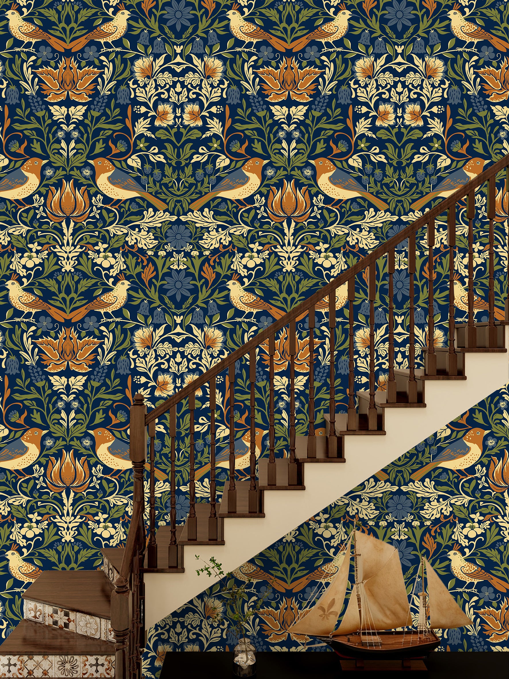 HaokHome Peel and Stick Wallpaper Navy Blue William Morris Bird Floral Wall Mural Removable Self Adhesive Vintage Botanical Wallpaper