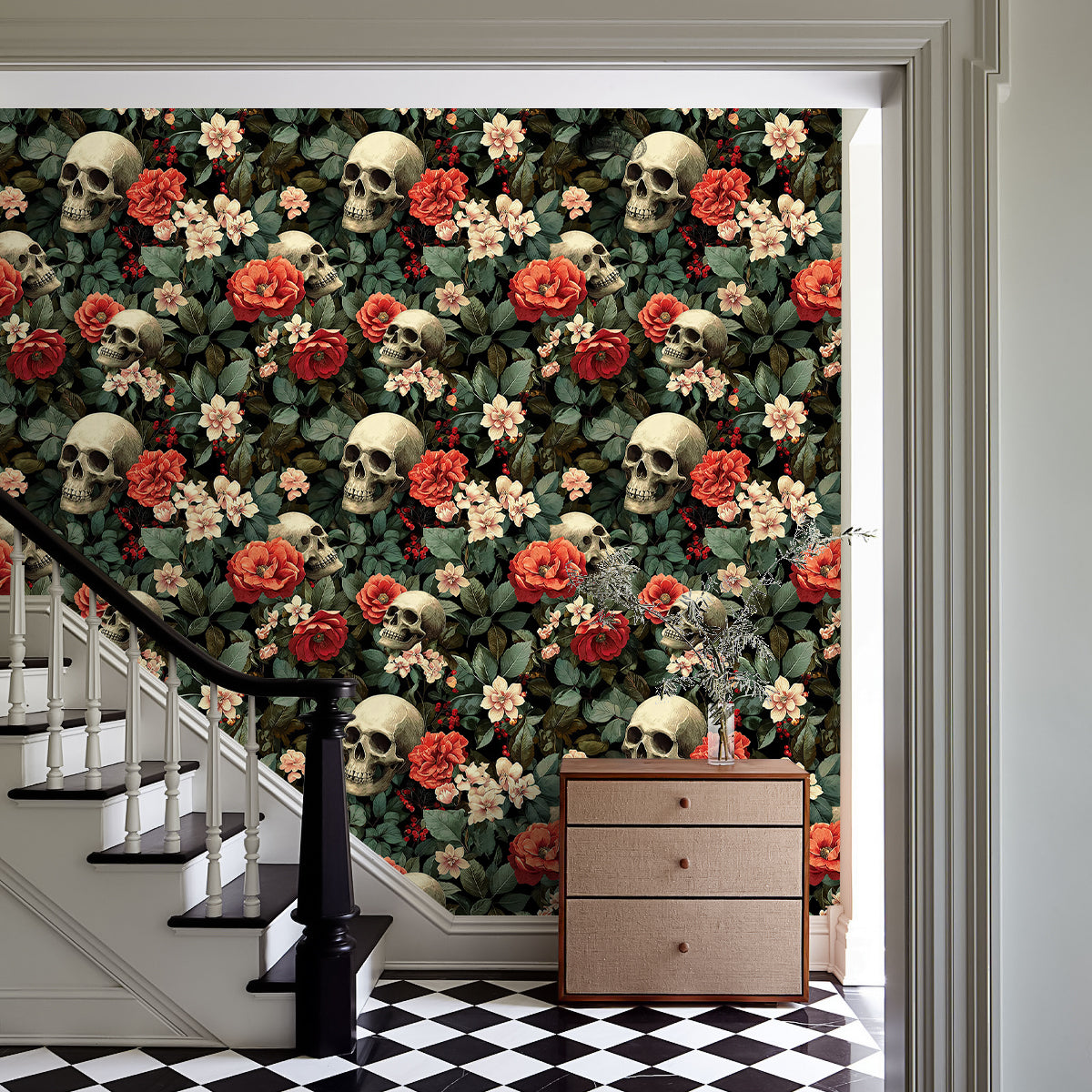 Skull Floral Wallpaper – Dark Gothic Moody Botanical Print