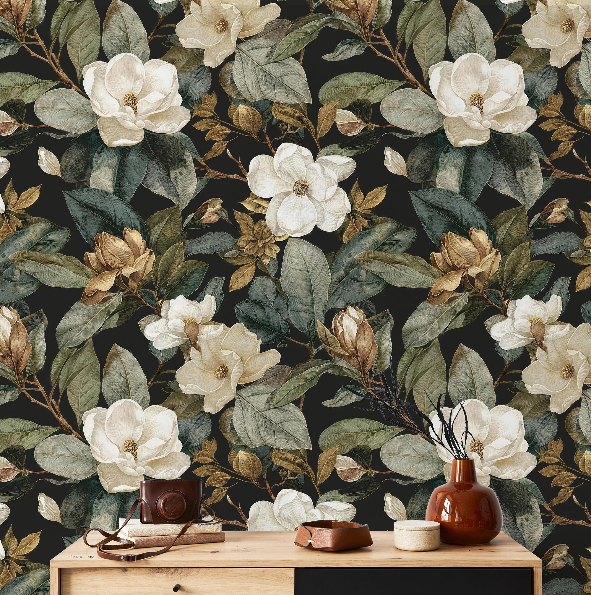 Moody Magnolia Vintage Botanical Wallpaper