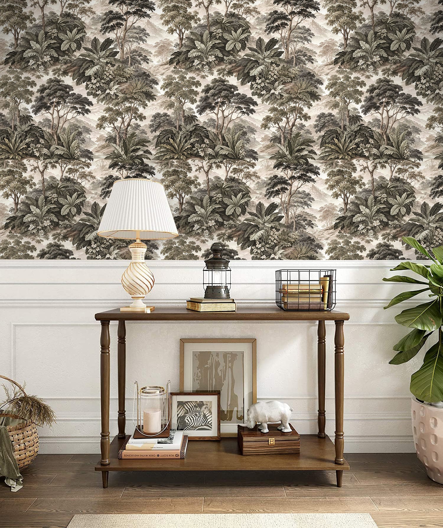 Vintage Tropical Landscape Wallpaper – Sepia Jungle Tree Botanical Print