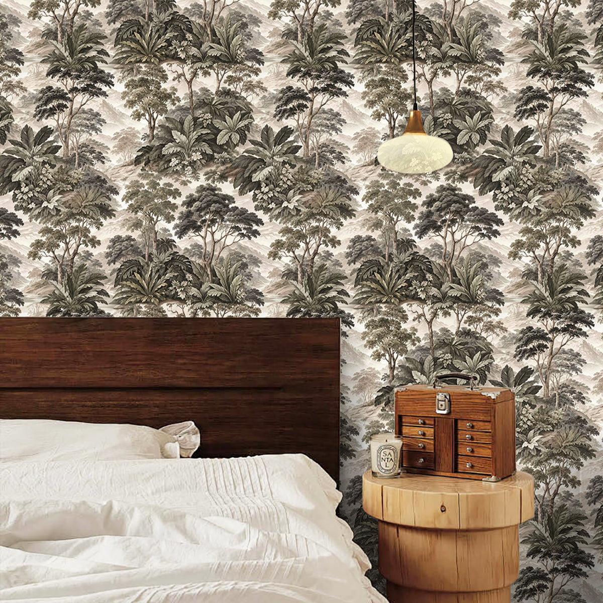 Vintage Tropical Landscape Wallpaper – Sepia Jungle Tree Botanical Print