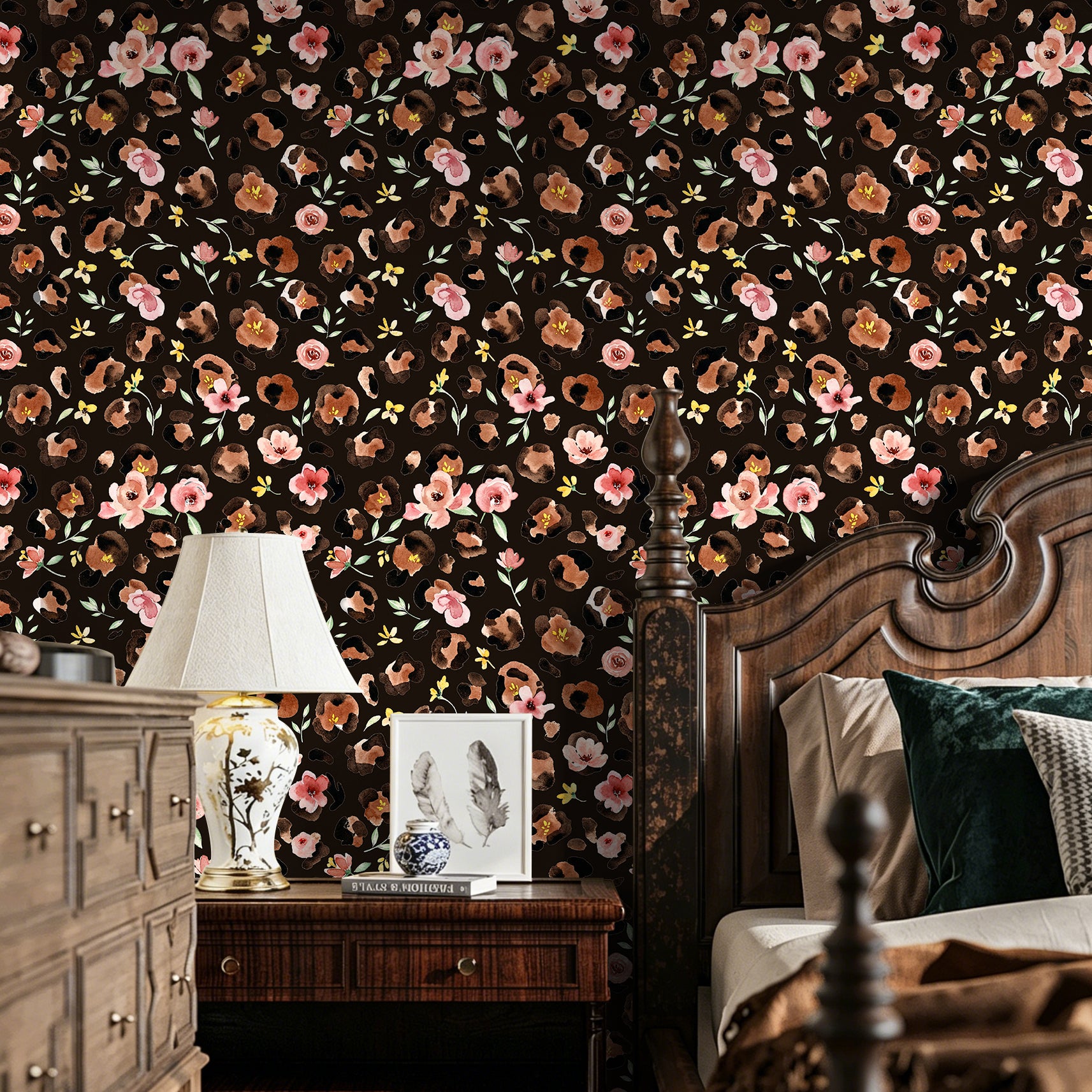 HaokHome Watercolor Leopard Floral Peel and Stick Wallpaper – Pink Flowers on Dark Brown Background
