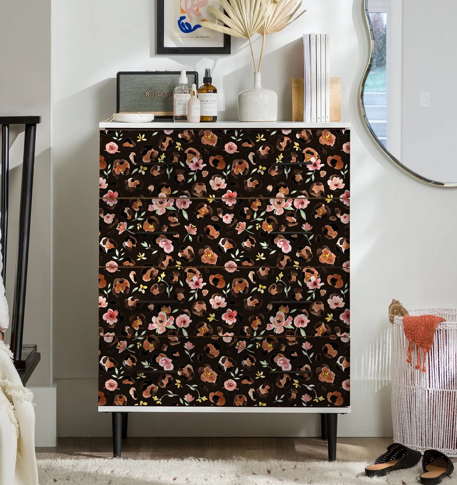 HaokHome Watercolor Leopard Floral Peel and Stick Wallpaper – Pink Flowers on Dark Brown Background