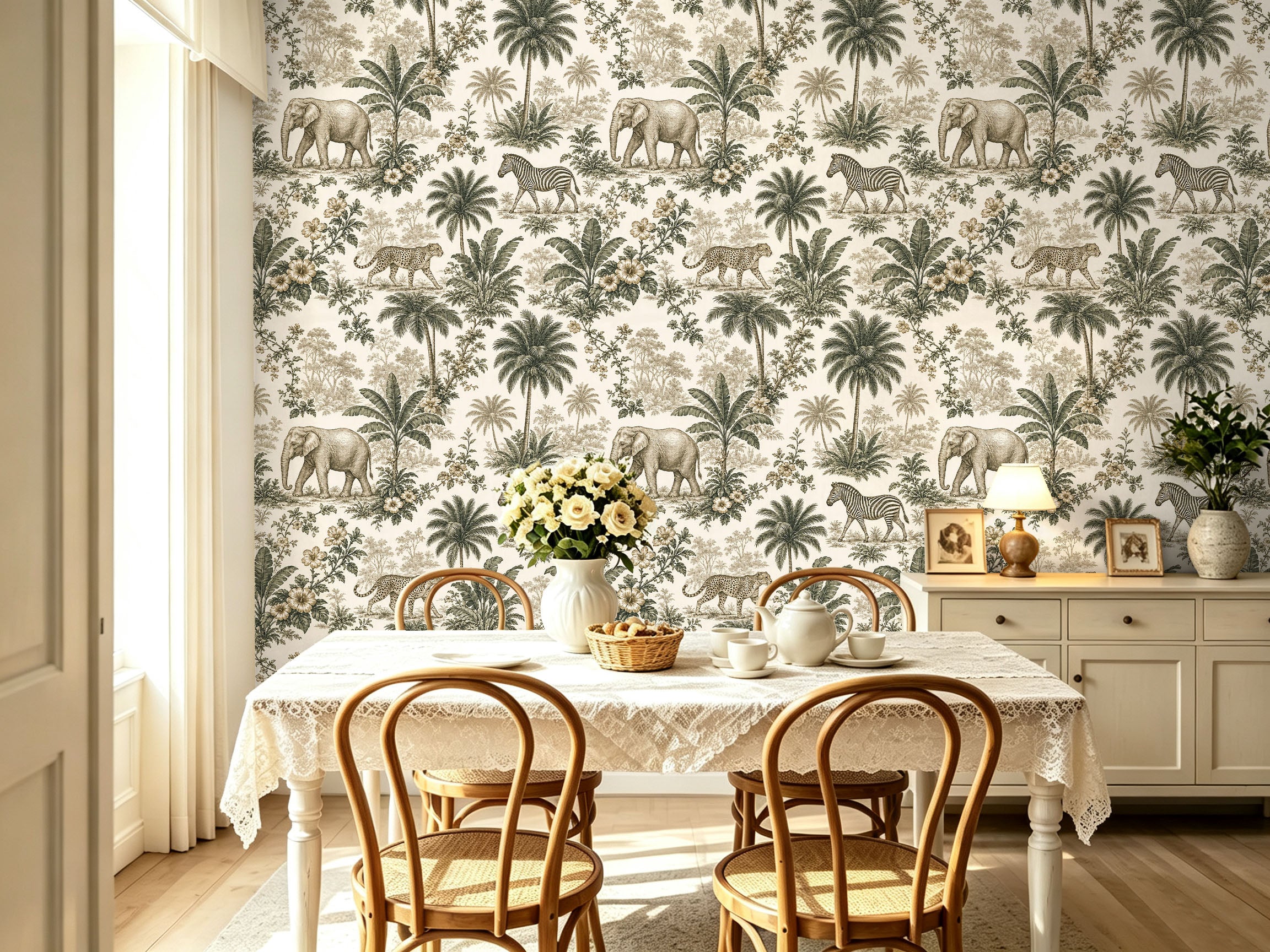Safari Toile Wallpaper – Vintage Jungle Sketch Wallpaper