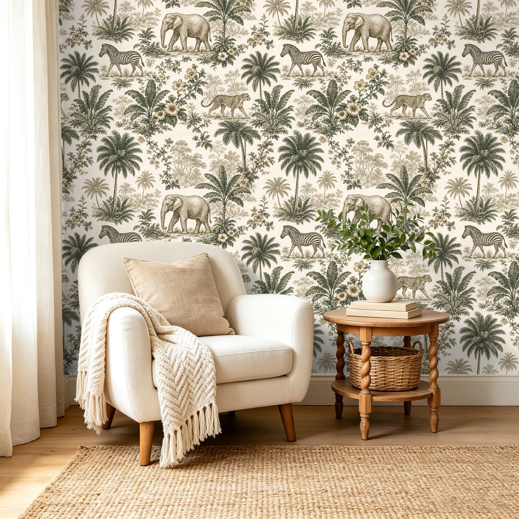 Safari Toile Wallpaper – Vintage Jungle Sketch Wallpaper