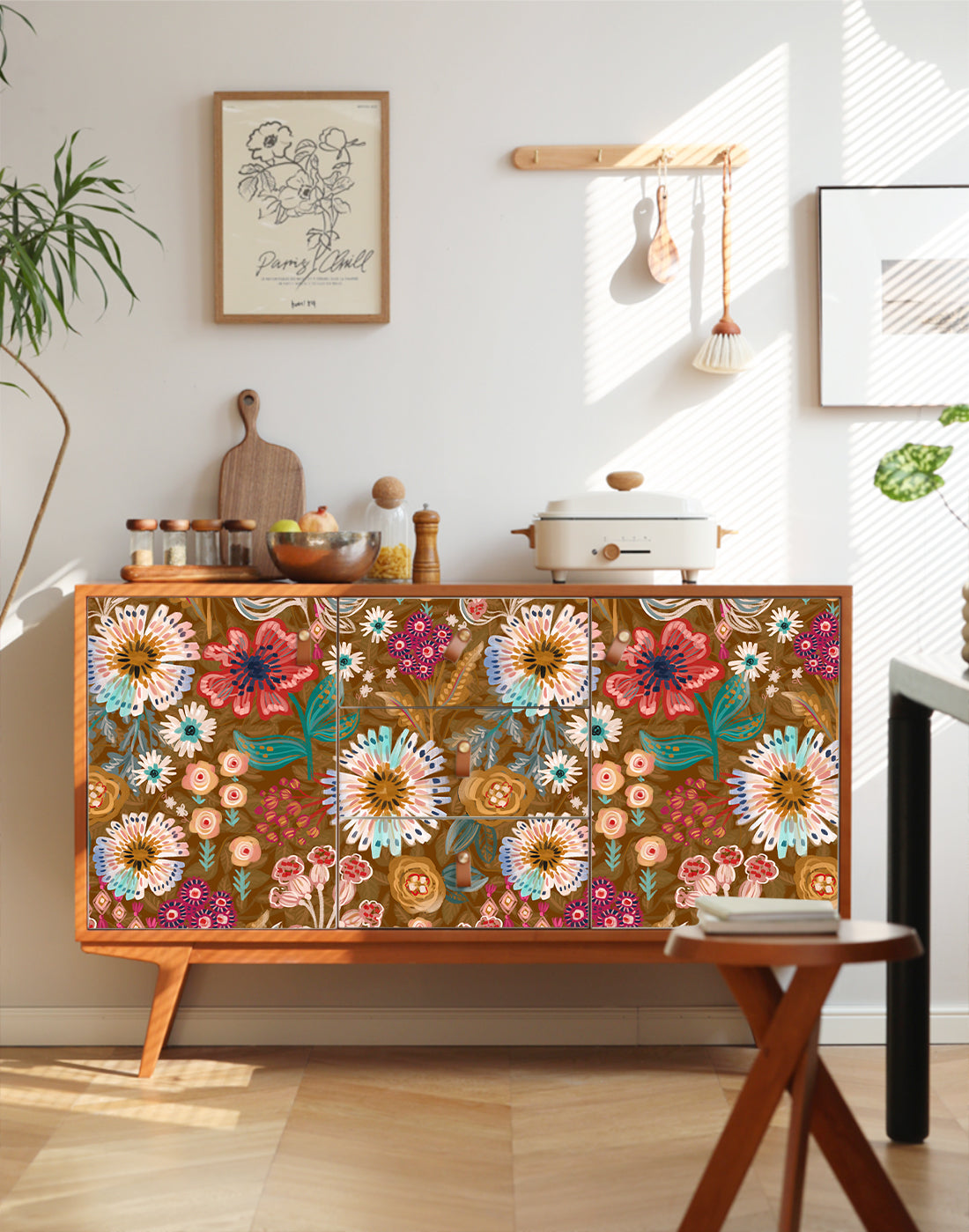 HaokHome Peel and Stick Wallpaper Warm Brown Folk Wildflower Hand‑Painted Botanical Removable Wallpaper for Accent Wall
