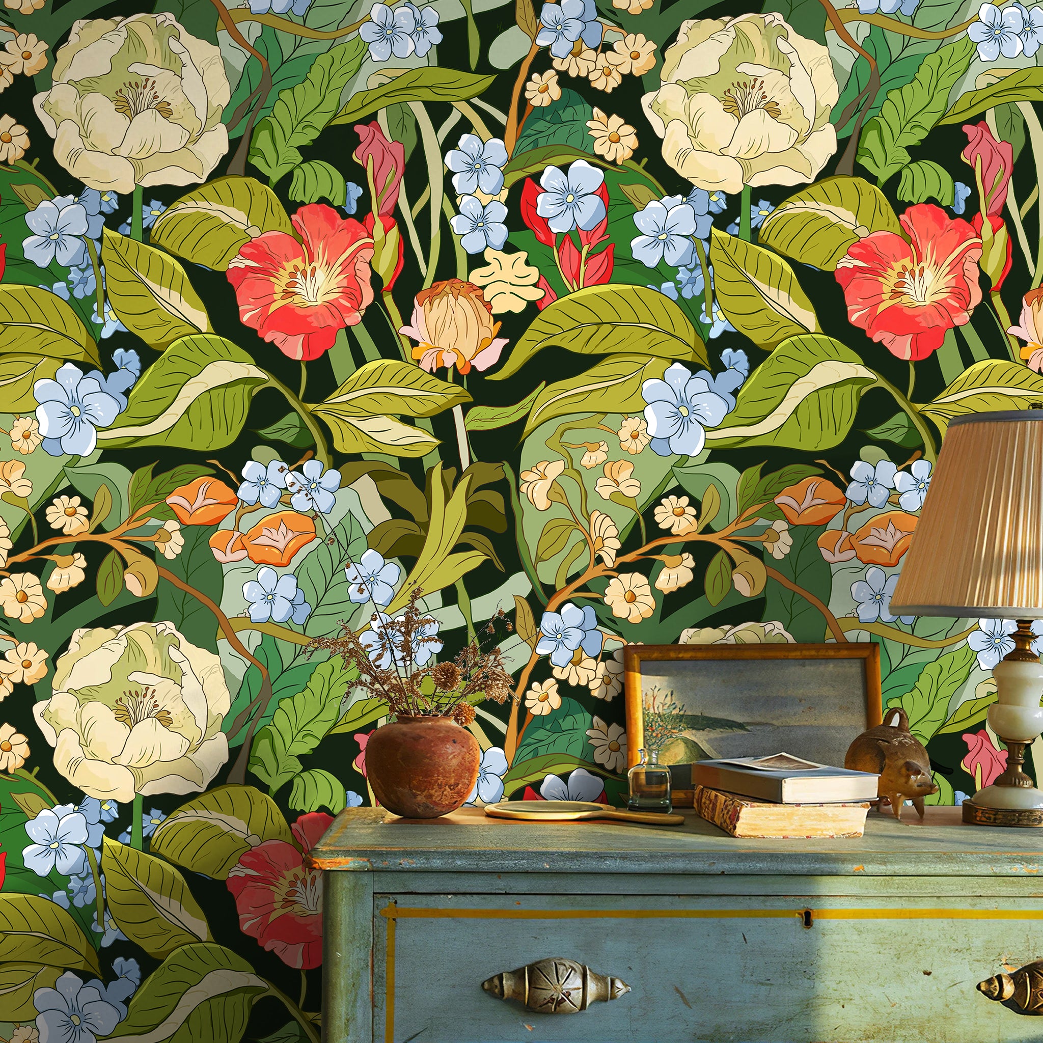 HaokHome Moody Dark Botanical Peel and Stick Wallpaper, Lush Vintage Floral Removable Self Adhesive Wallpaper with Vibrant Wildflower Blooms