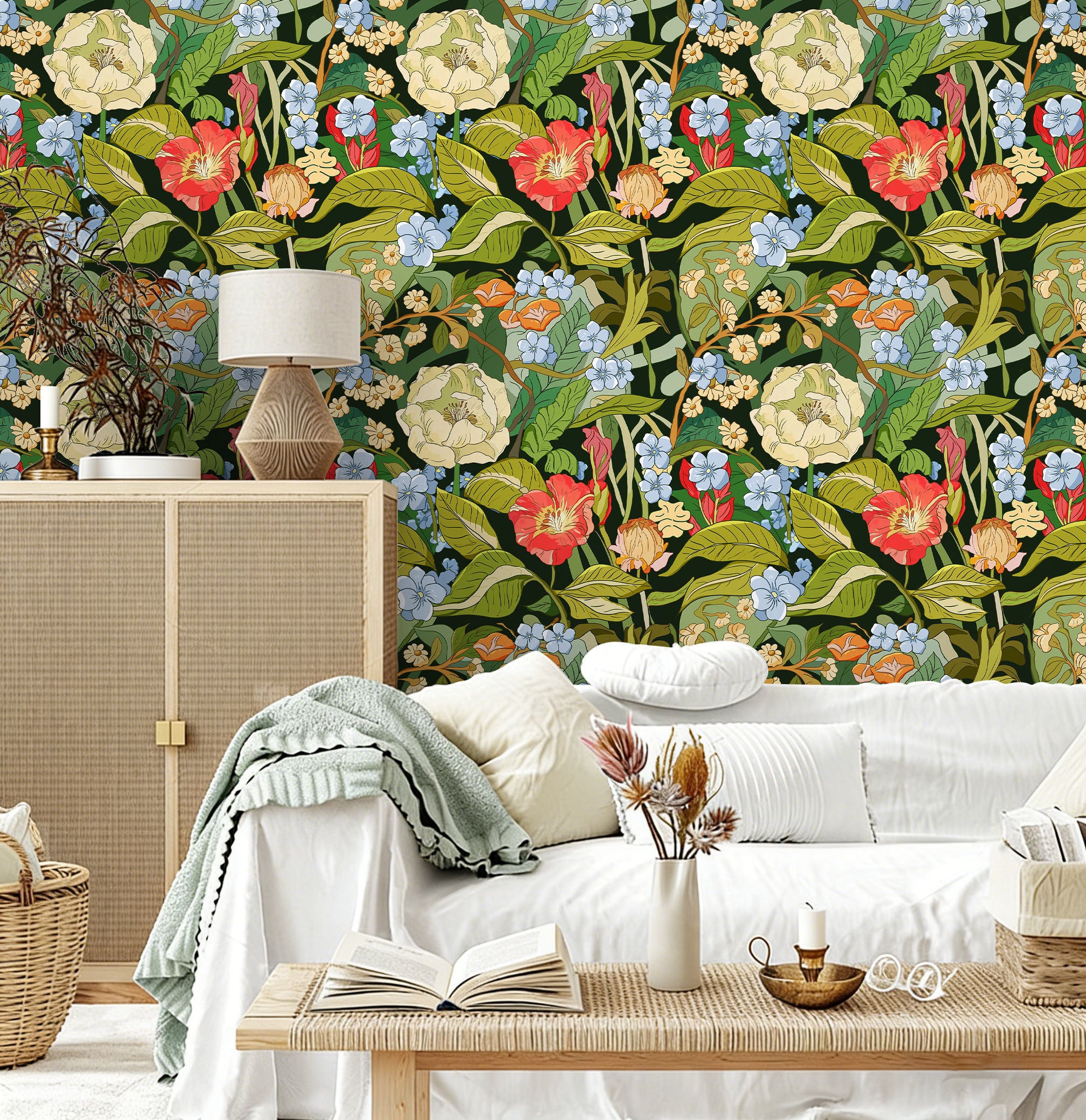 HaokHome Moody Dark Botanical Peel and Stick Wallpaper, Lush Vintage Floral Removable Self Adhesive Wallpaper with Vibrant Wildflower Blooms