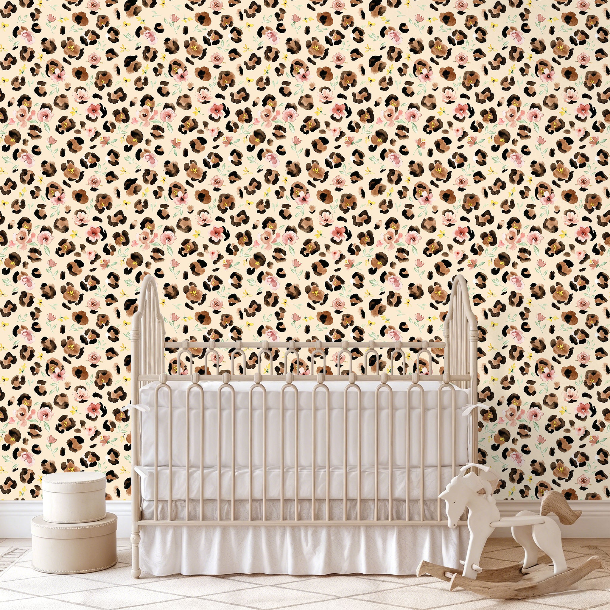HaokHome Peel and Stick Wallpaper Watercolor Leopard Print Floral Wall Mural Removable Self Adhesive Soft Botanical Wallpaper