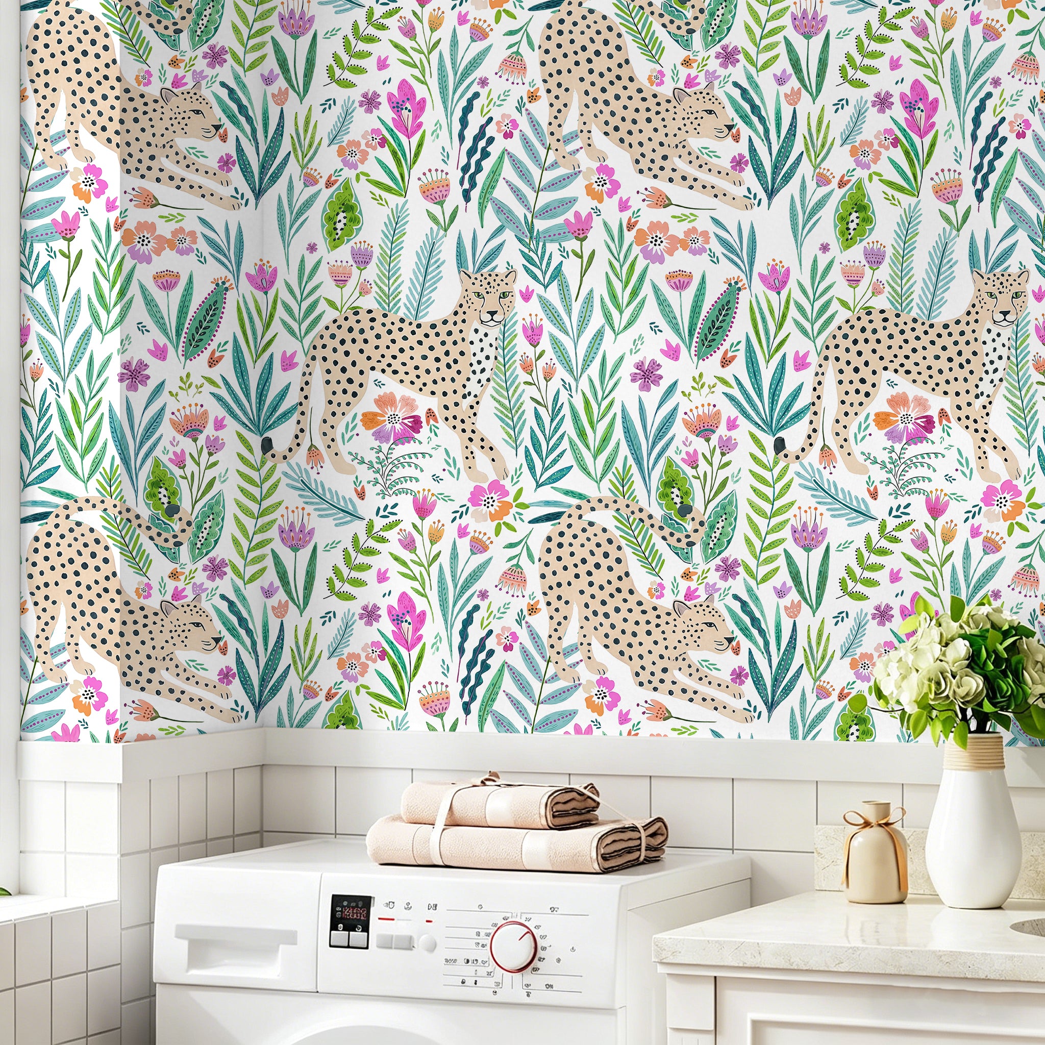 HaokHome Floral Peel and Stick Wallpaper Colorful Tropical Cheetah Jungle, Boho Botanical Flat Illustration Removable Self Adhesive Vinyl Contact Paper for Living Room