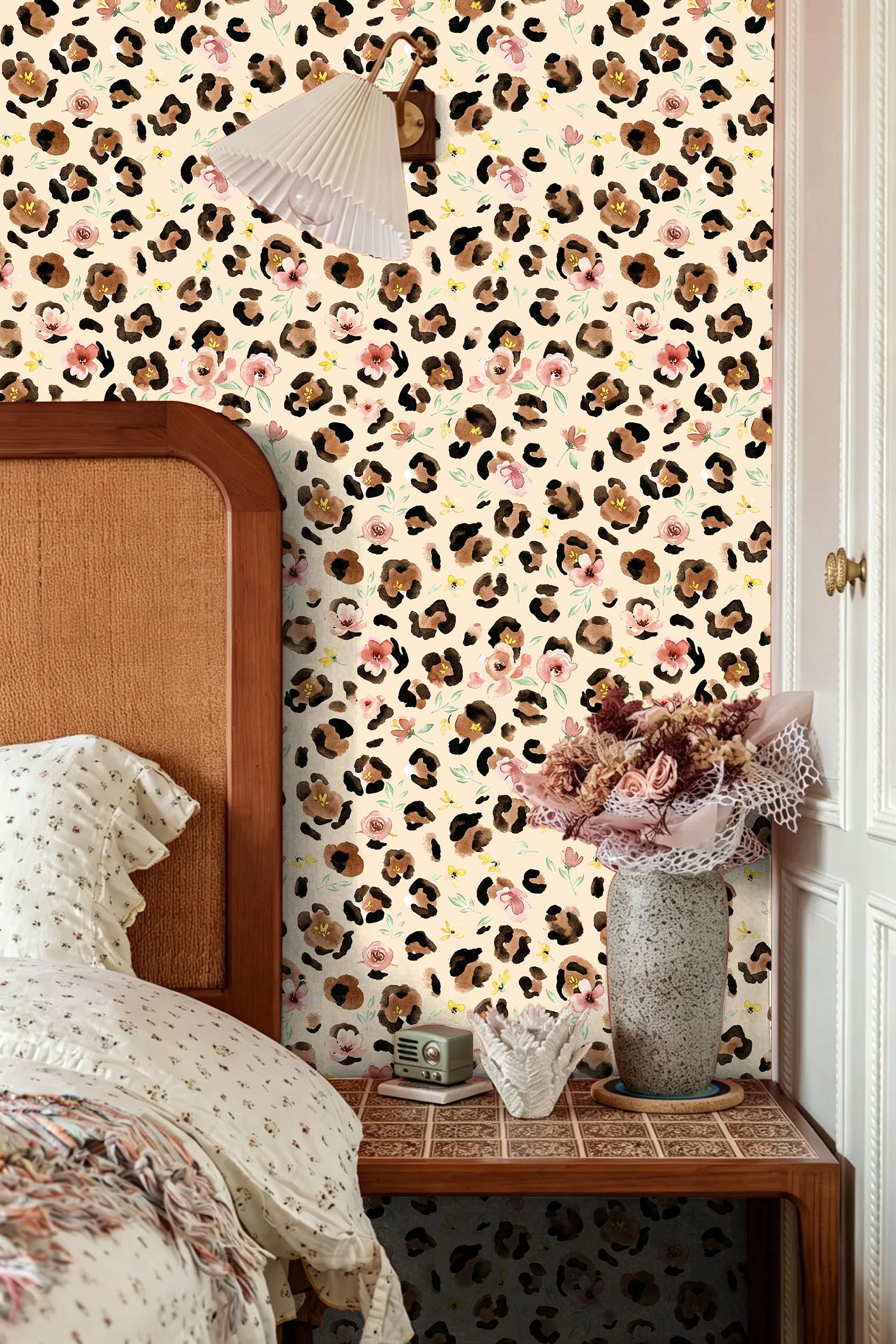HaokHome Peel and Stick Wallpaper Watercolor Leopard Print Floral Wall Mural Removable Self Adhesive Soft Botanical Wallpaper