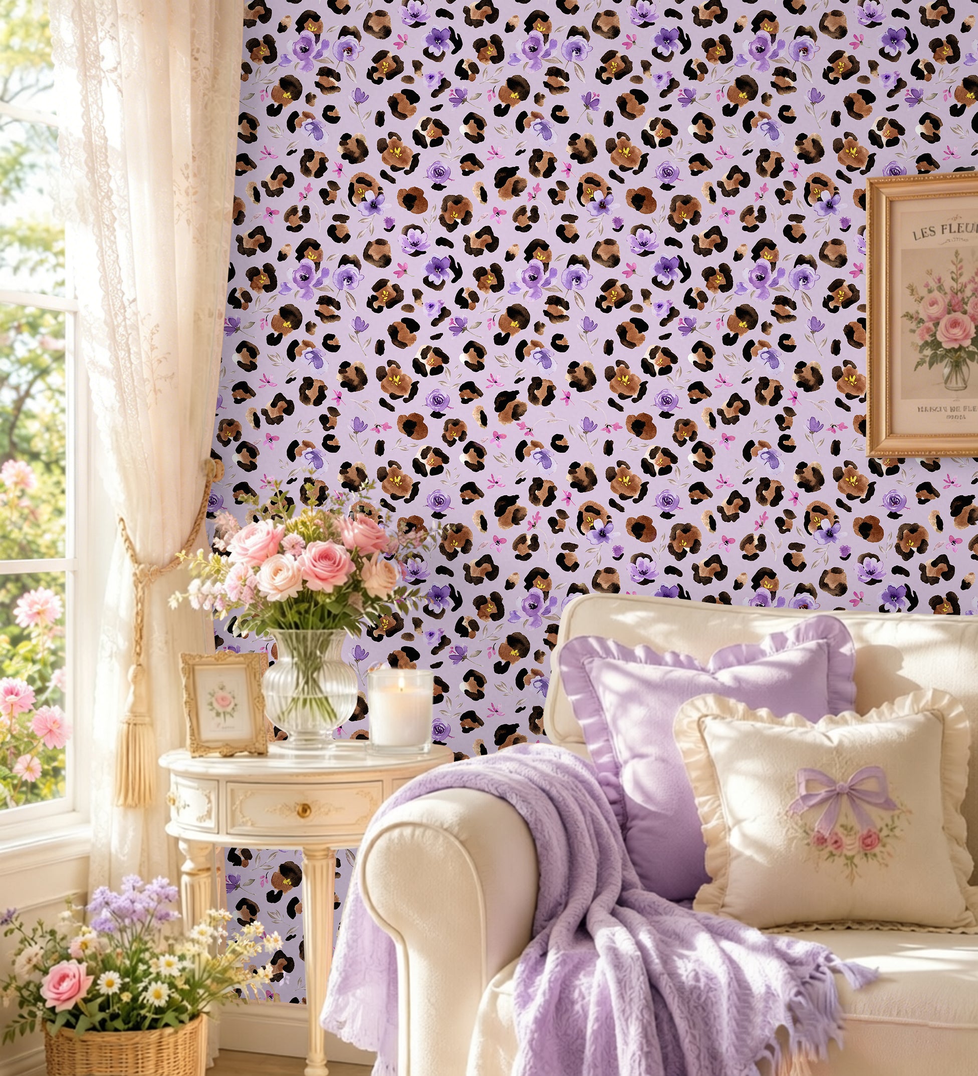 HaokHome Watercolor Leopard Floral Peel and Stick Wallpaper – Purple Flowers on Lavender Purple Background