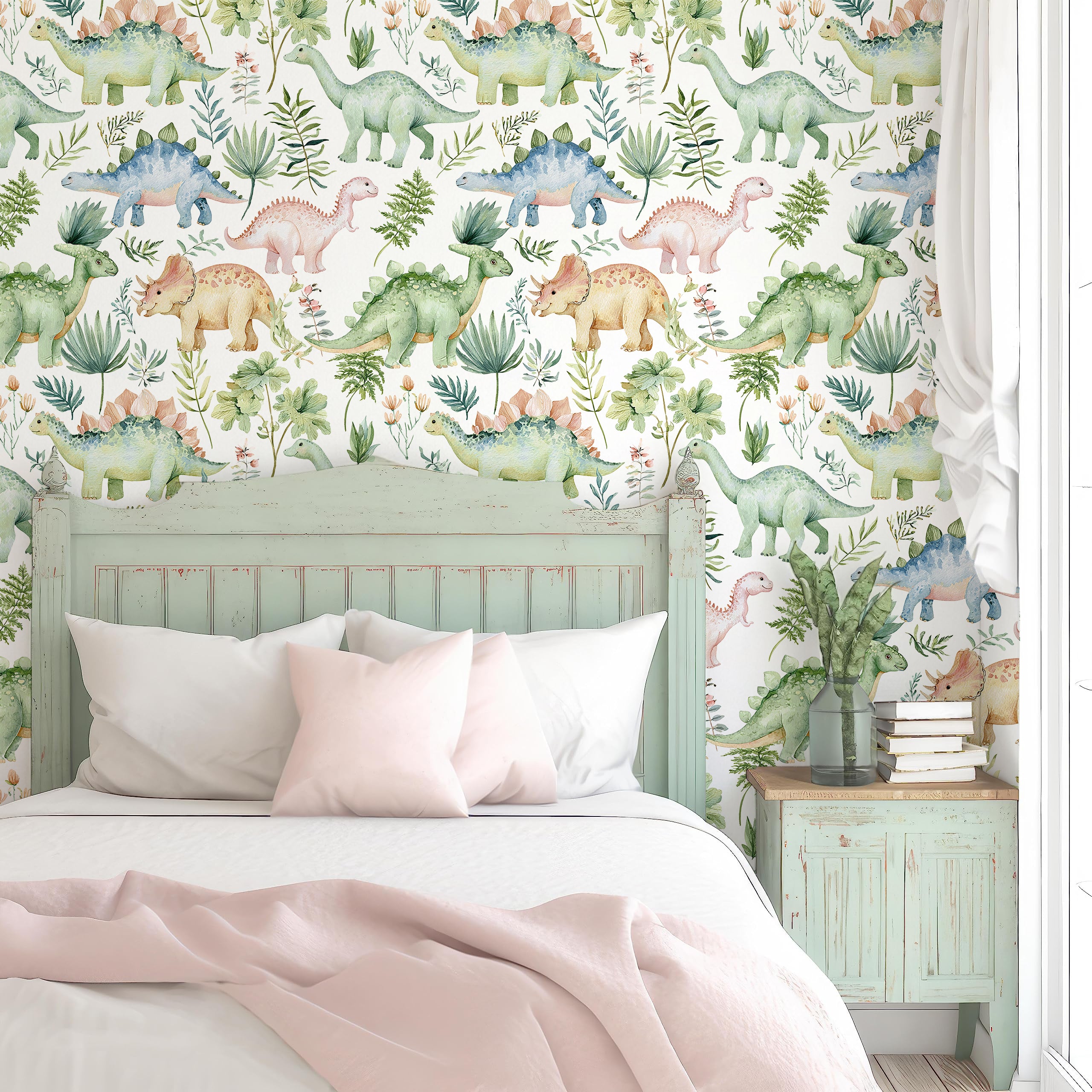 HaokHome Peel and Stick Wallpaper Watercolor Dinosaur Wall Mural Removable Self Adhesive Kids Botanical Wallpaper