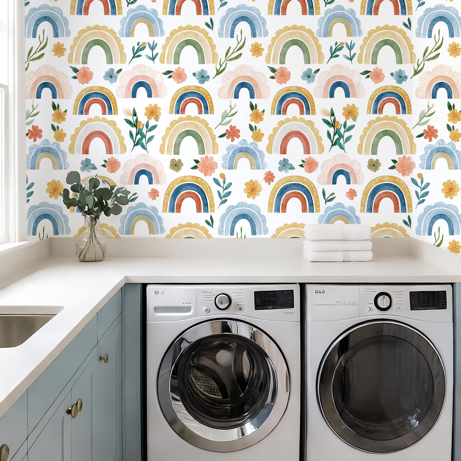 Boho Rainbow Floral Peel and Stick Wallpaper – Watercolor Neutral Nursery Print
