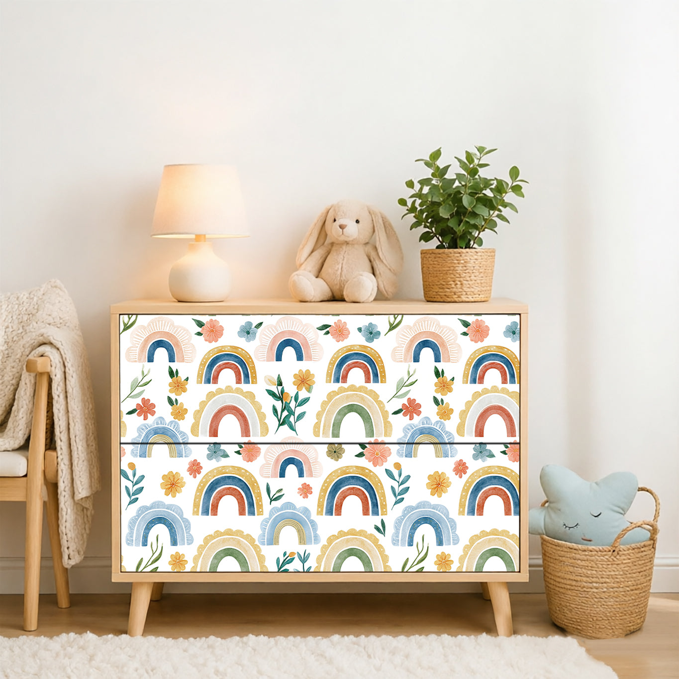 Boho Rainbow Floral Peel and Stick Wallpaper – Watercolor Neutral Nursery Print
