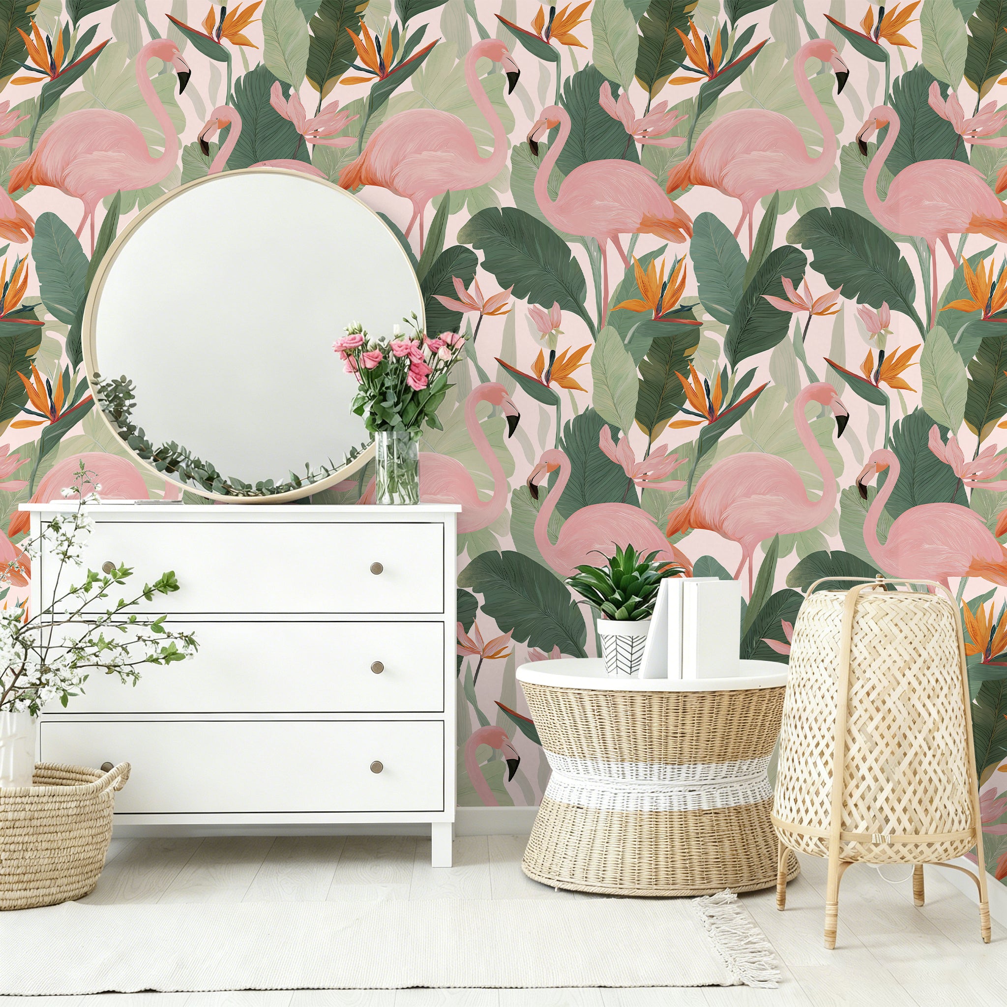 HaokHome Peel and Stick Wallpaper - Bold Tropical Flamingo & Bird of Paradise Pattern Removable Self Adhesive Wallpaper for Living Room