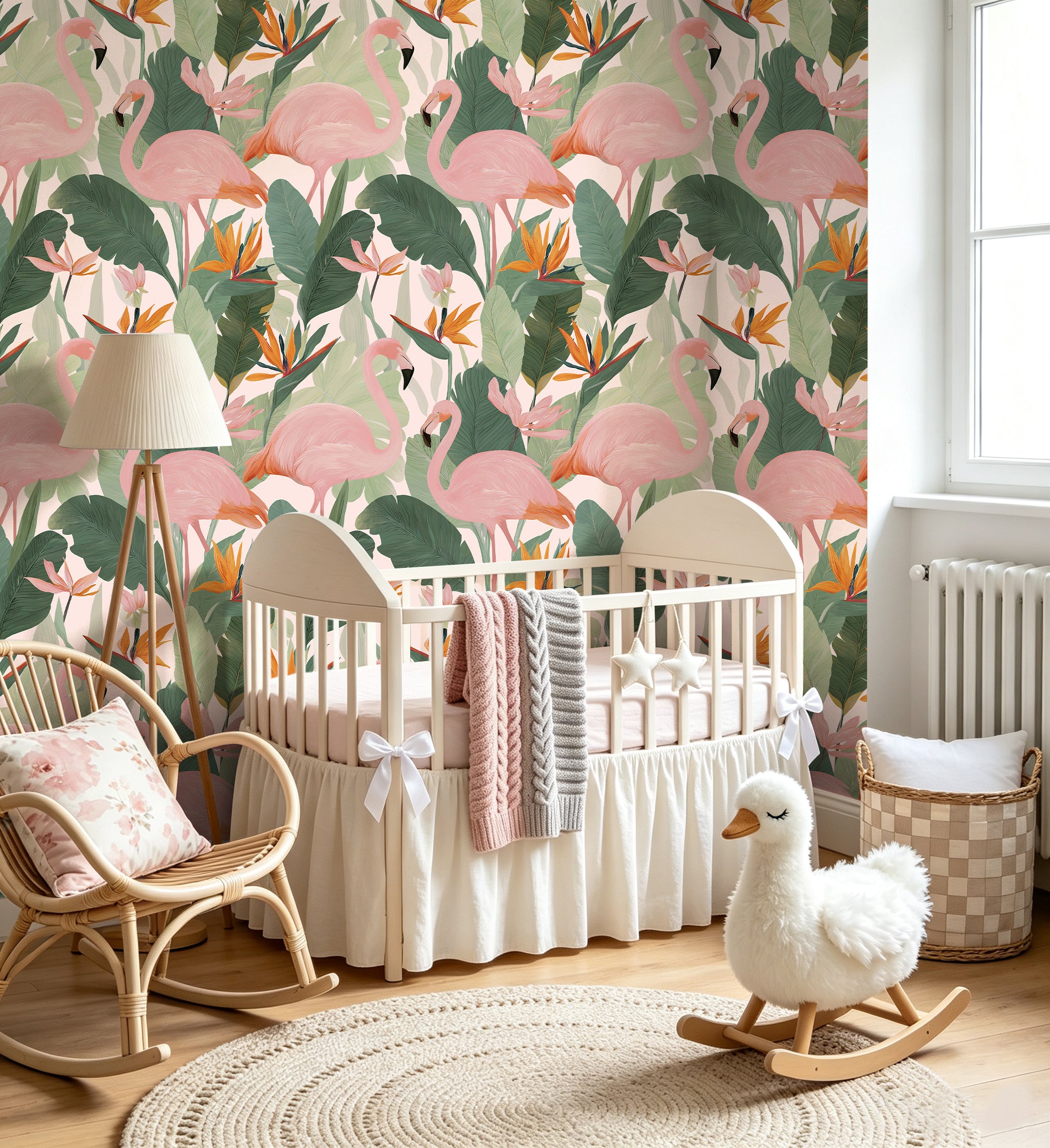 HaokHome Peel and Stick Wallpaper - Bold Tropical Flamingo & Bird of Paradise Pattern Removable Self Adhesive Wallpaper for Living Room