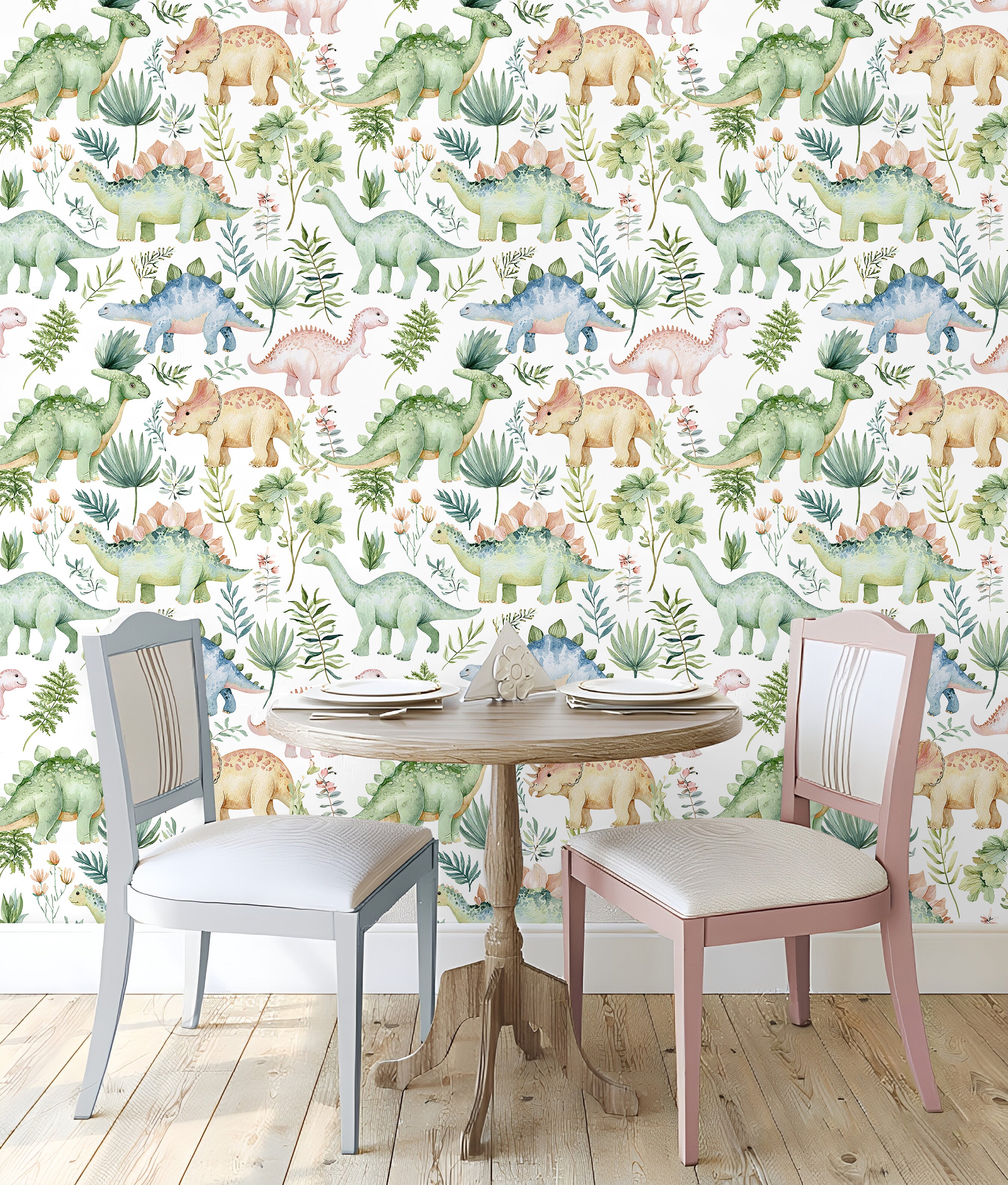 HaokHome Peel and Stick Wallpaper Watercolor Dinosaur Wall Mural Removable Self Adhesive Kids Botanical Wallpaper