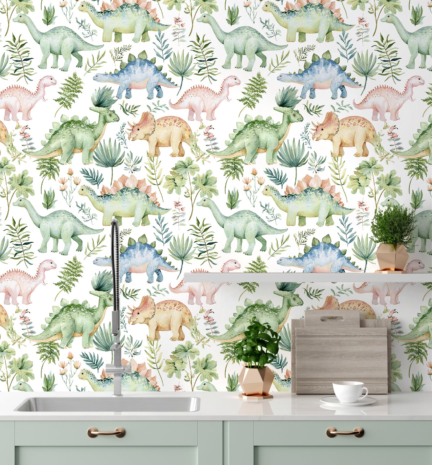 HaokHome Peel and Stick Wallpaper Watercolor Dinosaur Wall Mural Removable Self Adhesive Kids Botanical Wallpaper