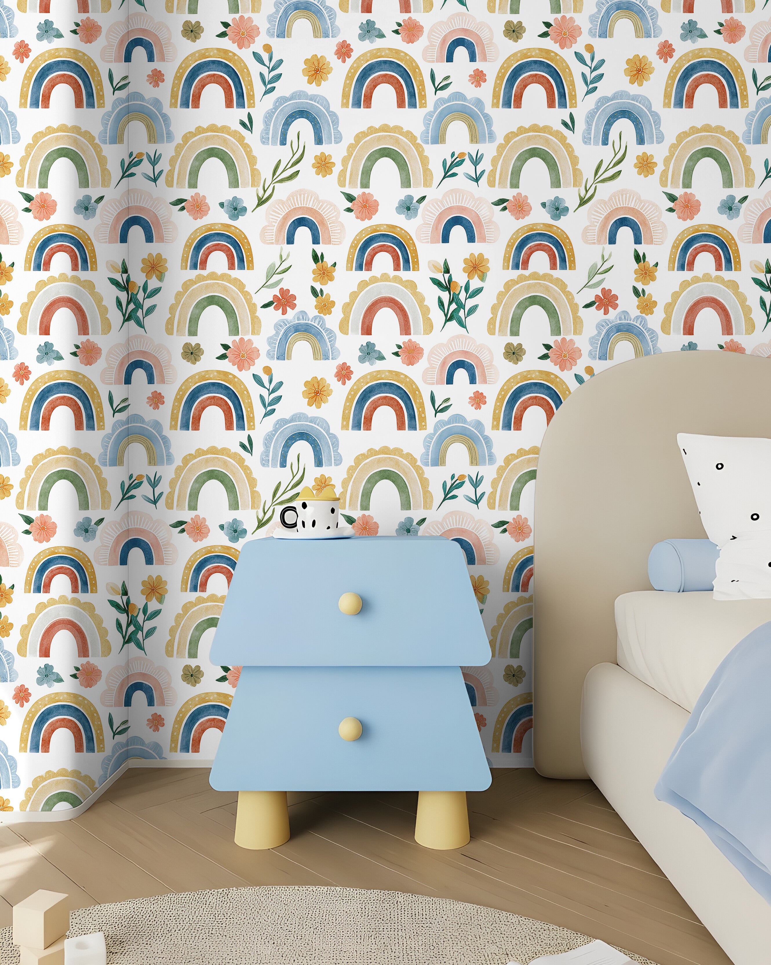 Boho Rainbow Floral Peel and Stick Wallpaper – Watercolor Neutral Nursery Print