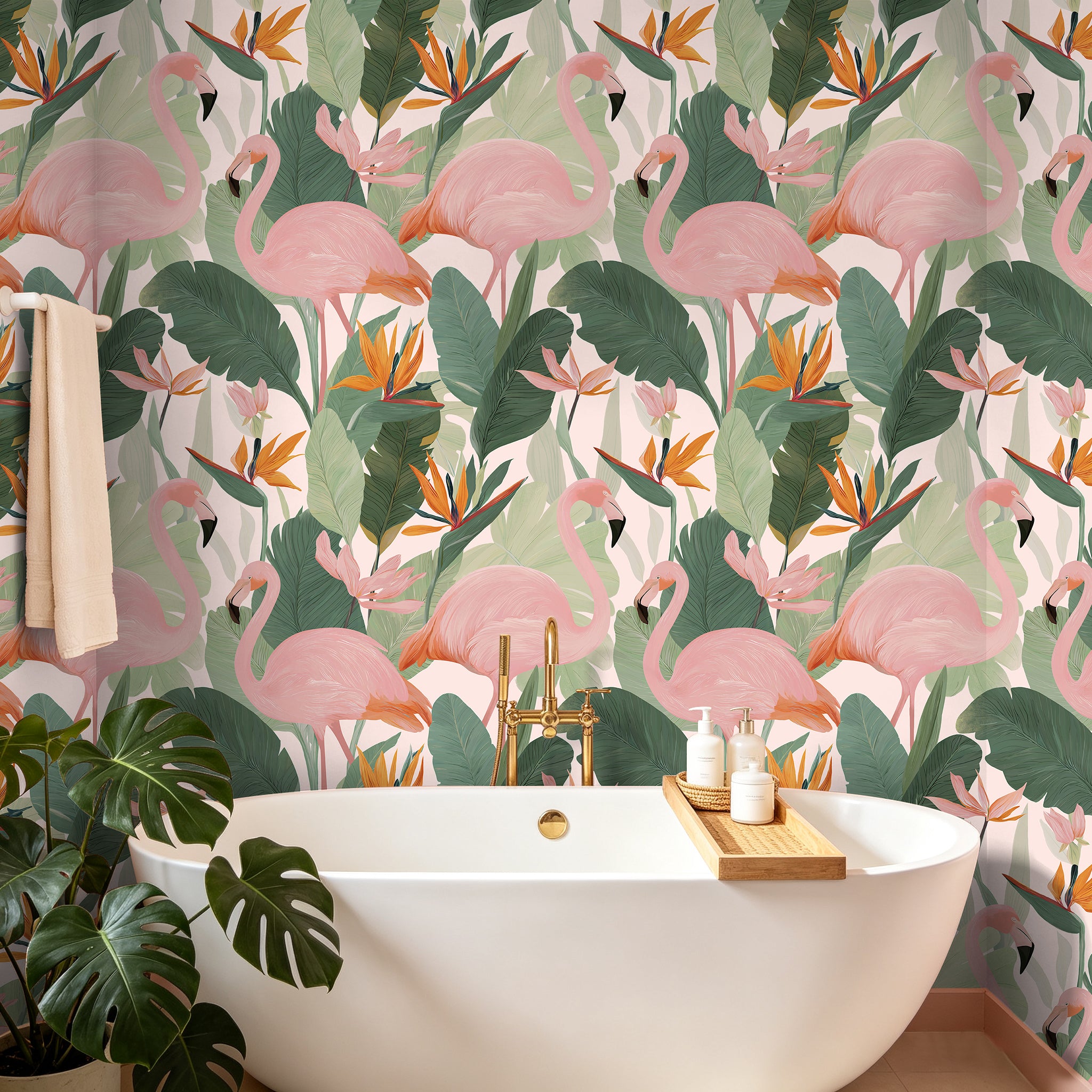 HaokHome Peel and Stick Wallpaper - Bold Tropical Flamingo & Bird of Paradise Pattern Removable Self Adhesive Wallpaper for Living Room