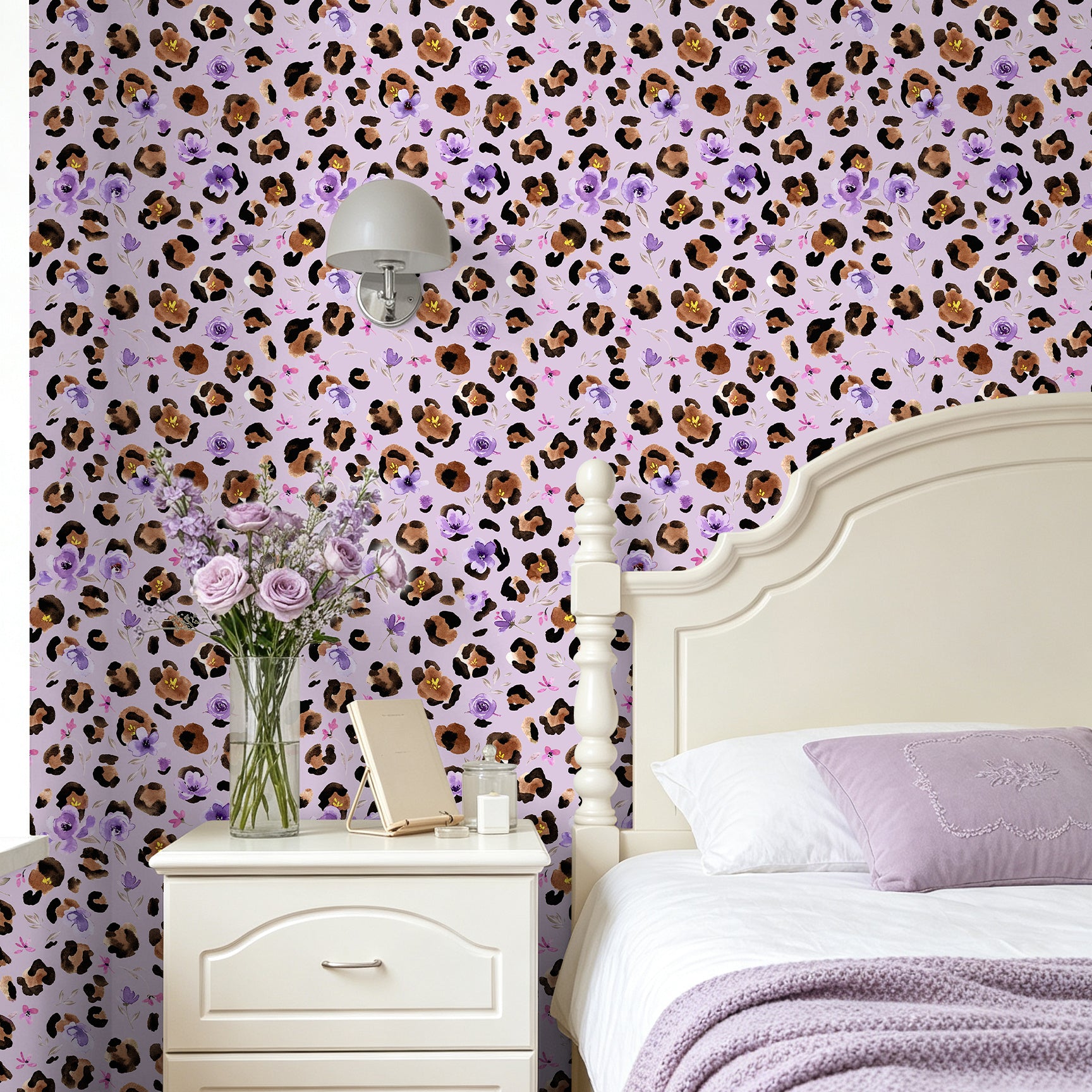 HaokHome Watercolor Leopard Floral Peel and Stick Wallpaper – Purple Flowers on Lavender Purple Background