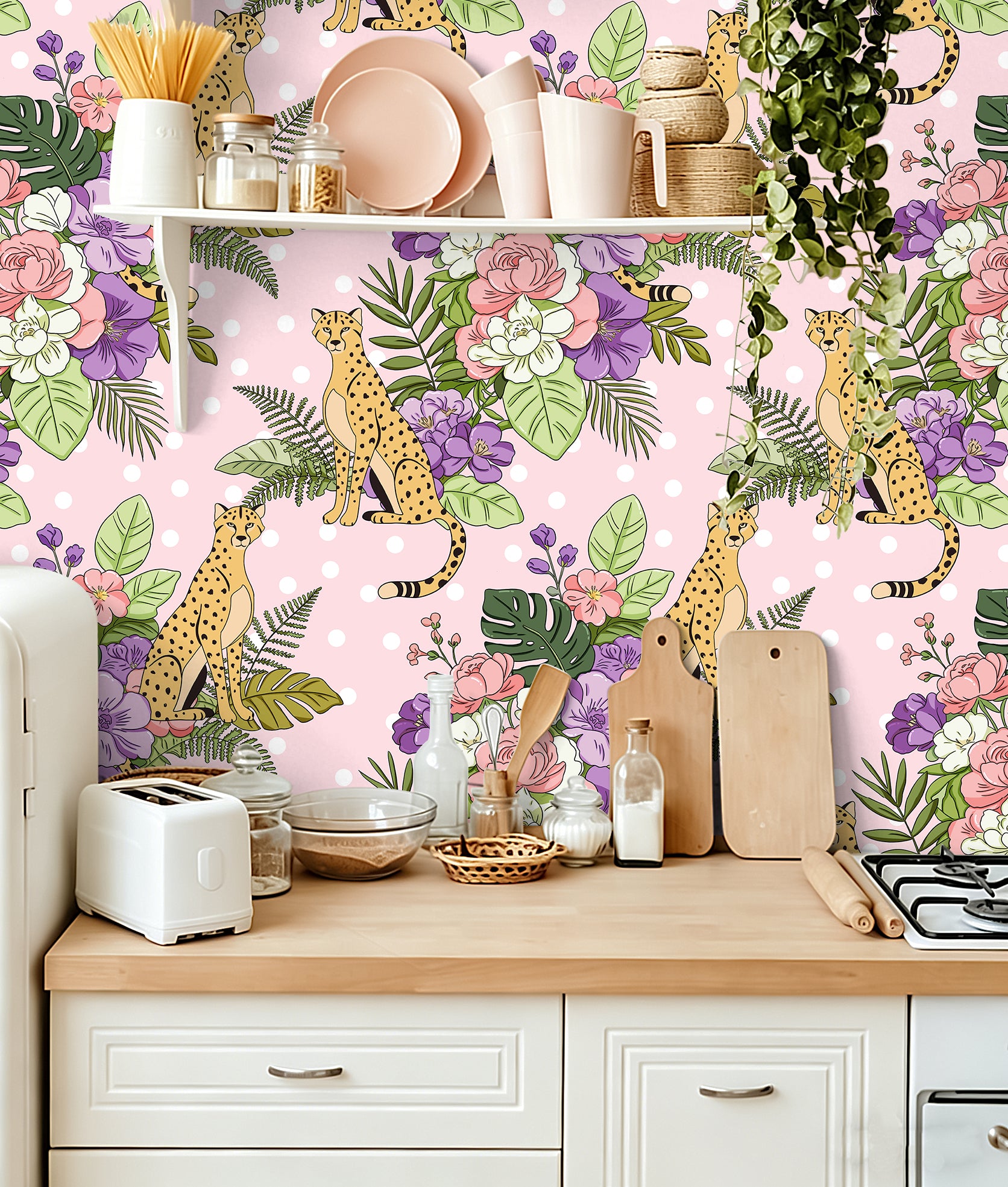 HaokHome Floral Peel and Stick Wallpaper Retro Polka Dot Cheetah Jungle, Macaron Floral Flat Illustration Removable Self Adhesive Vinyl Contact Paper for Living Room & Bedroom