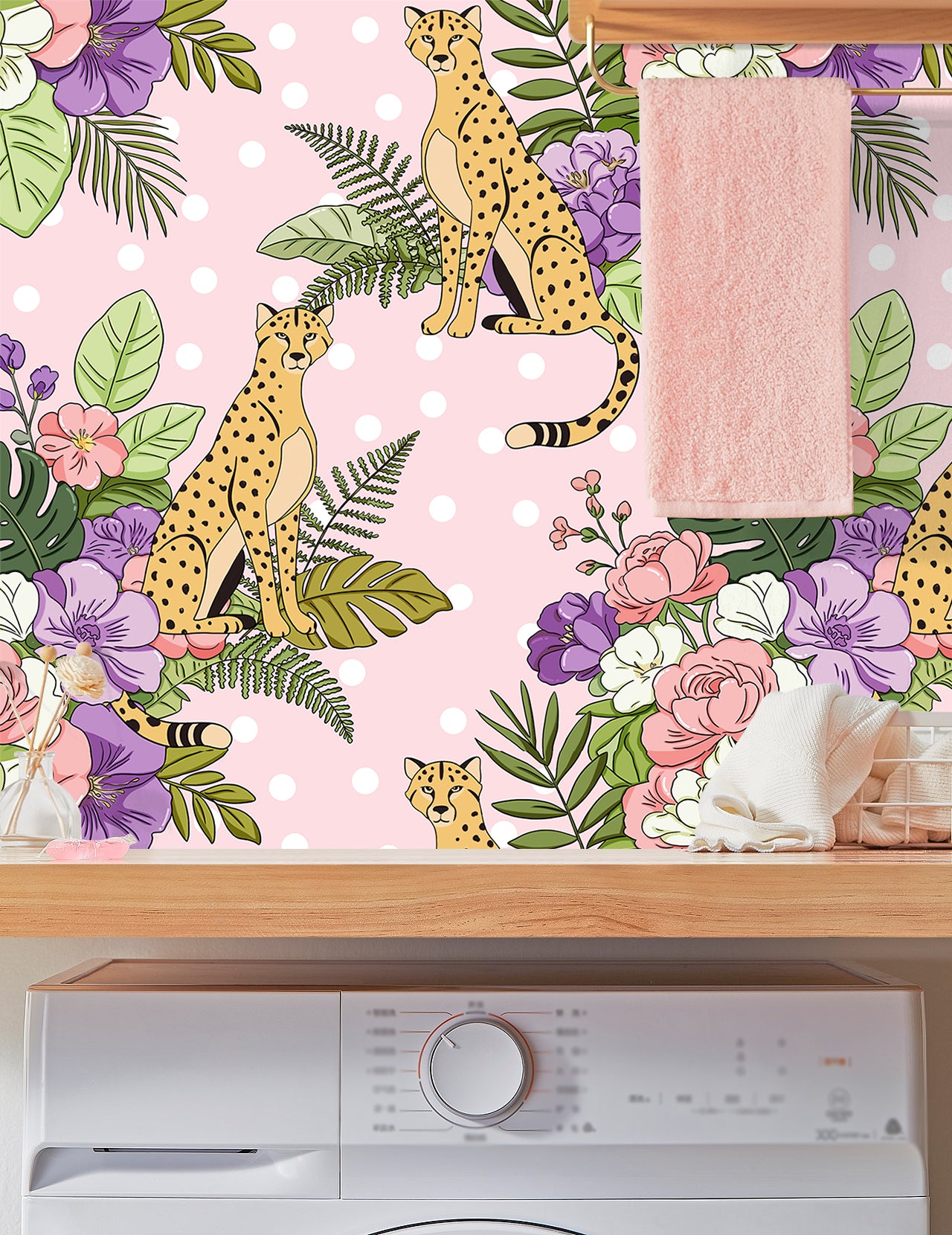 HaokHome Floral Peel and Stick Wallpaper Retro Polka Dot Cheetah Jungle, Macaron Floral Flat Illustration Removable Self Adhesive Vinyl Contact Paper for Living Room & Bedroom