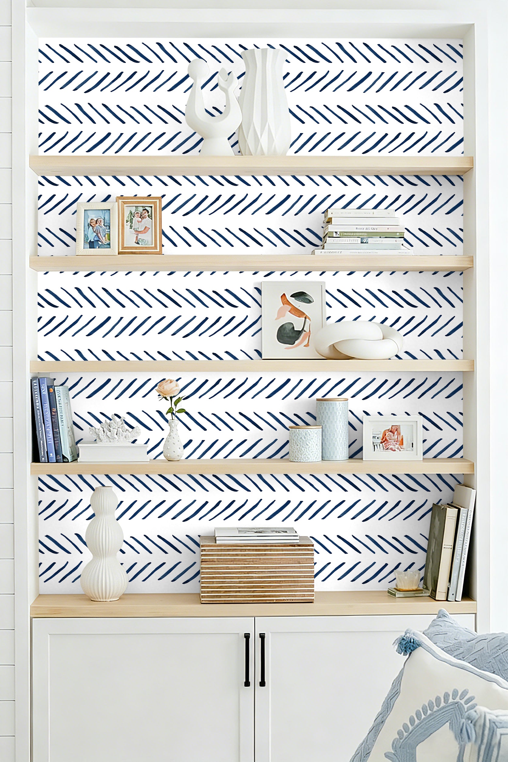 HaokHome Boho Wallpaper Peel and Stick Wallpaper Stripes Removable Navy/White Chevron Vinyl Stick On Contact Paper Mural