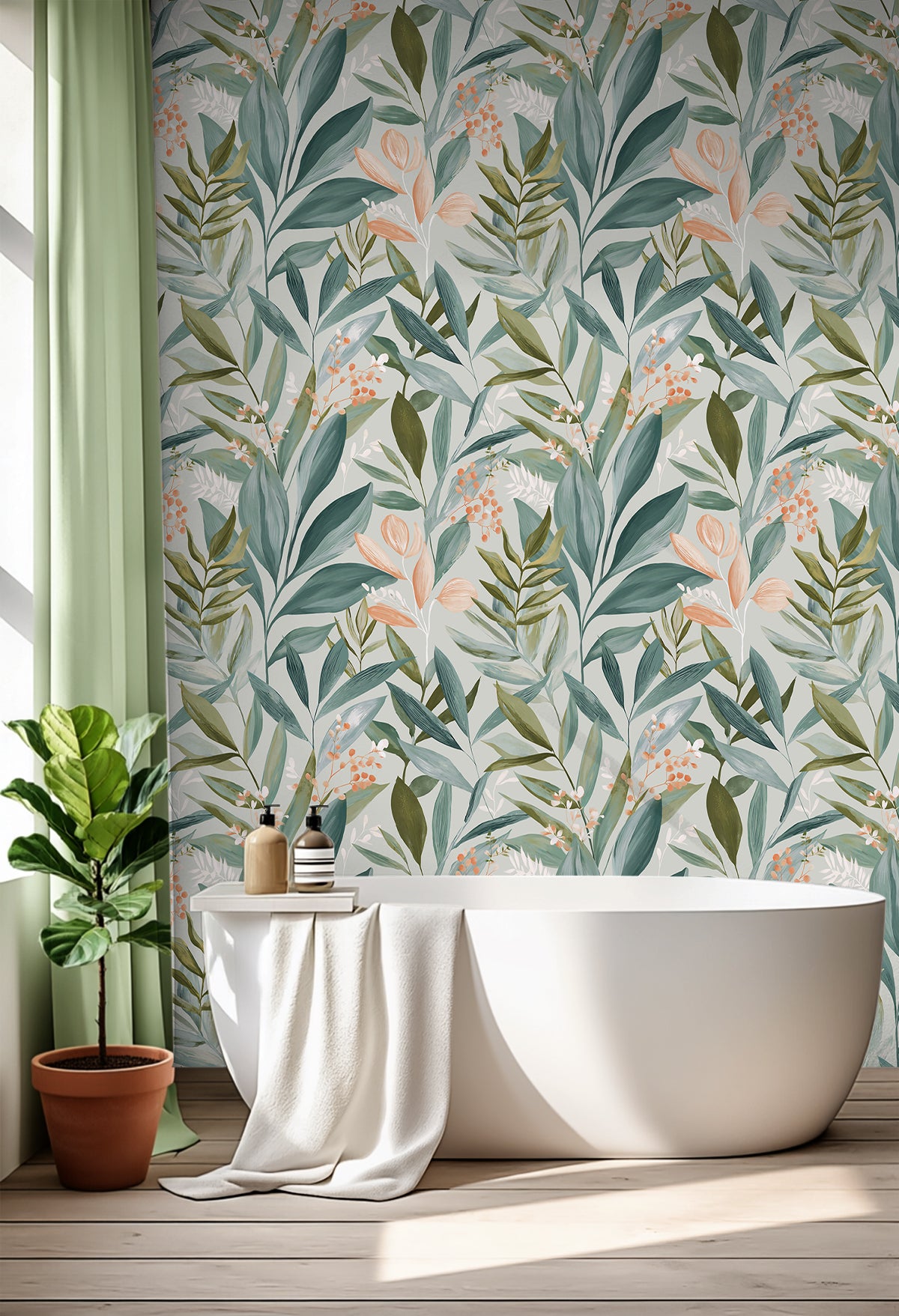 HaokHome Peel and Stick Wallpaper Watercolor Green Leaf Botanical Wall Mural Removable Self Adhesive Soft Sage Floral Wallpaper