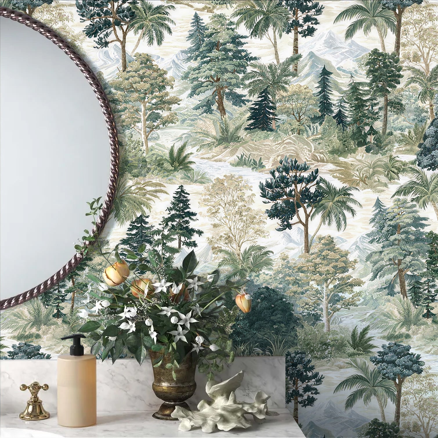 Vintage Large‑Scale Forest Tree Removable Self‑Adhesive Wall Covering, Retro Woodland Botanical Peel and Stick Wallpaper | HaokHome