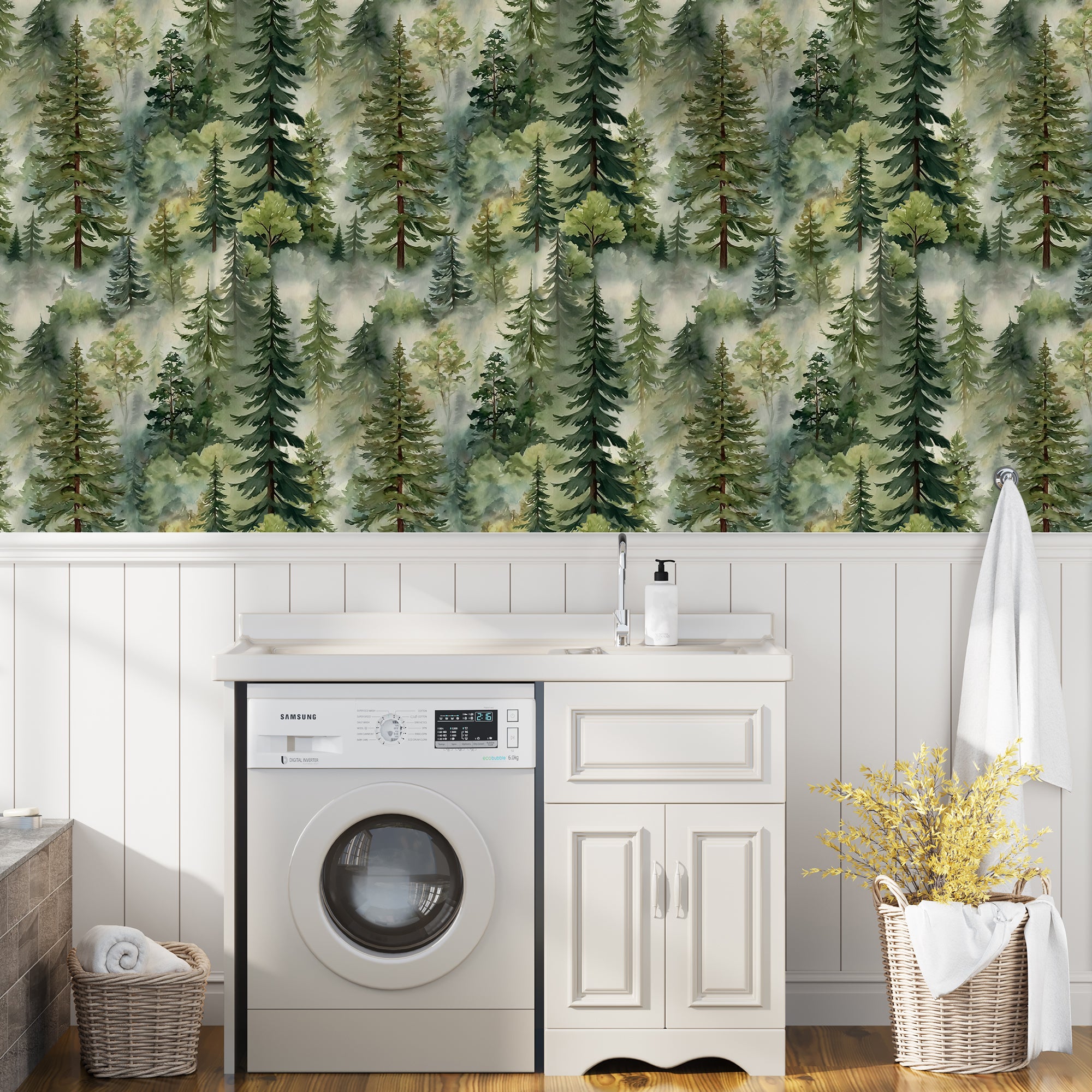 HaokHome Misty Forest Watercolor Pine Tree Peel and Stick Wallpaper, Removable Nature Woodland Wall Mural