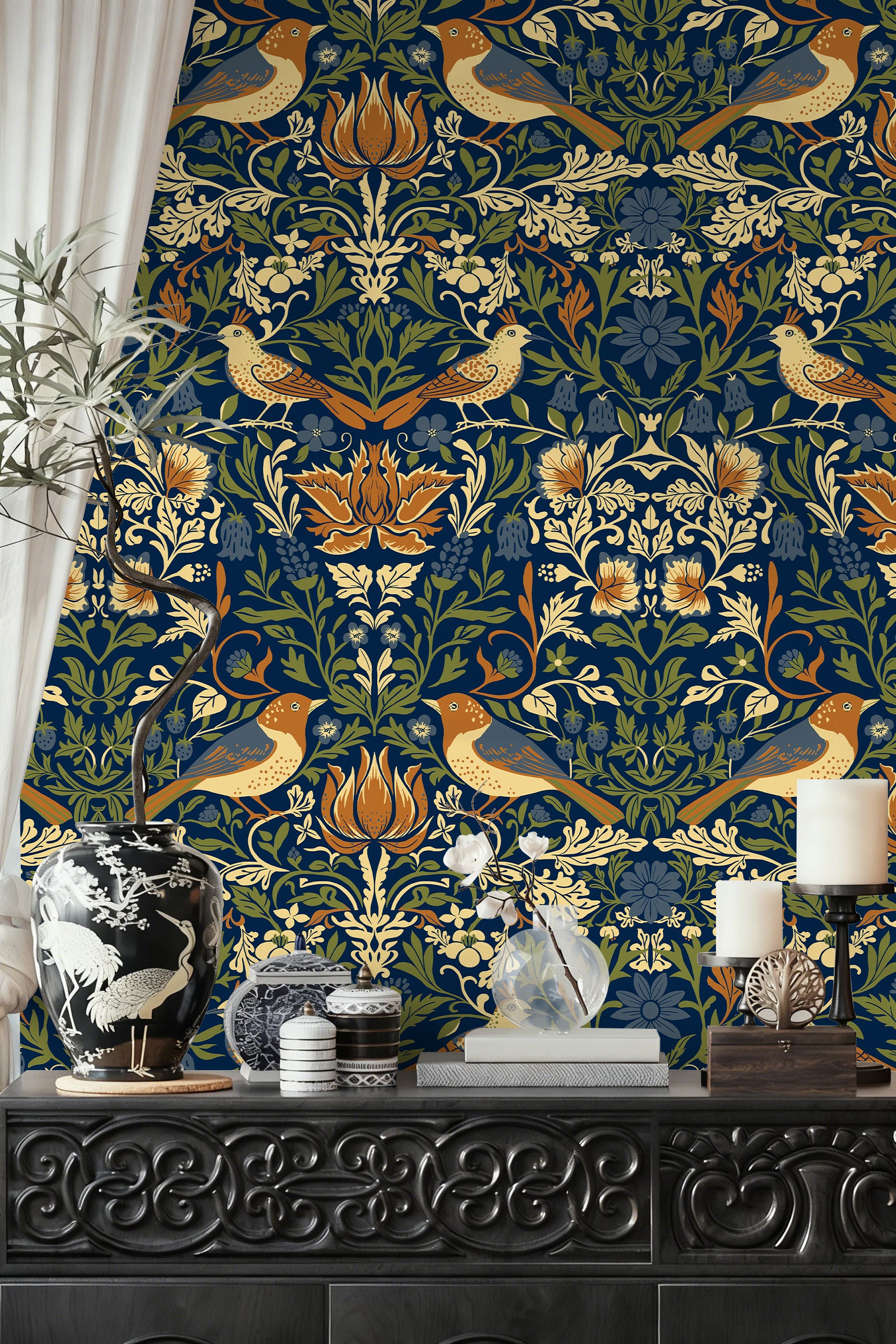HaokHome Peel and Stick Wallpaper Navy Blue William Morris Bird Floral Wall Mural Removable Self Adhesive Vintage Botanical Wallpaper