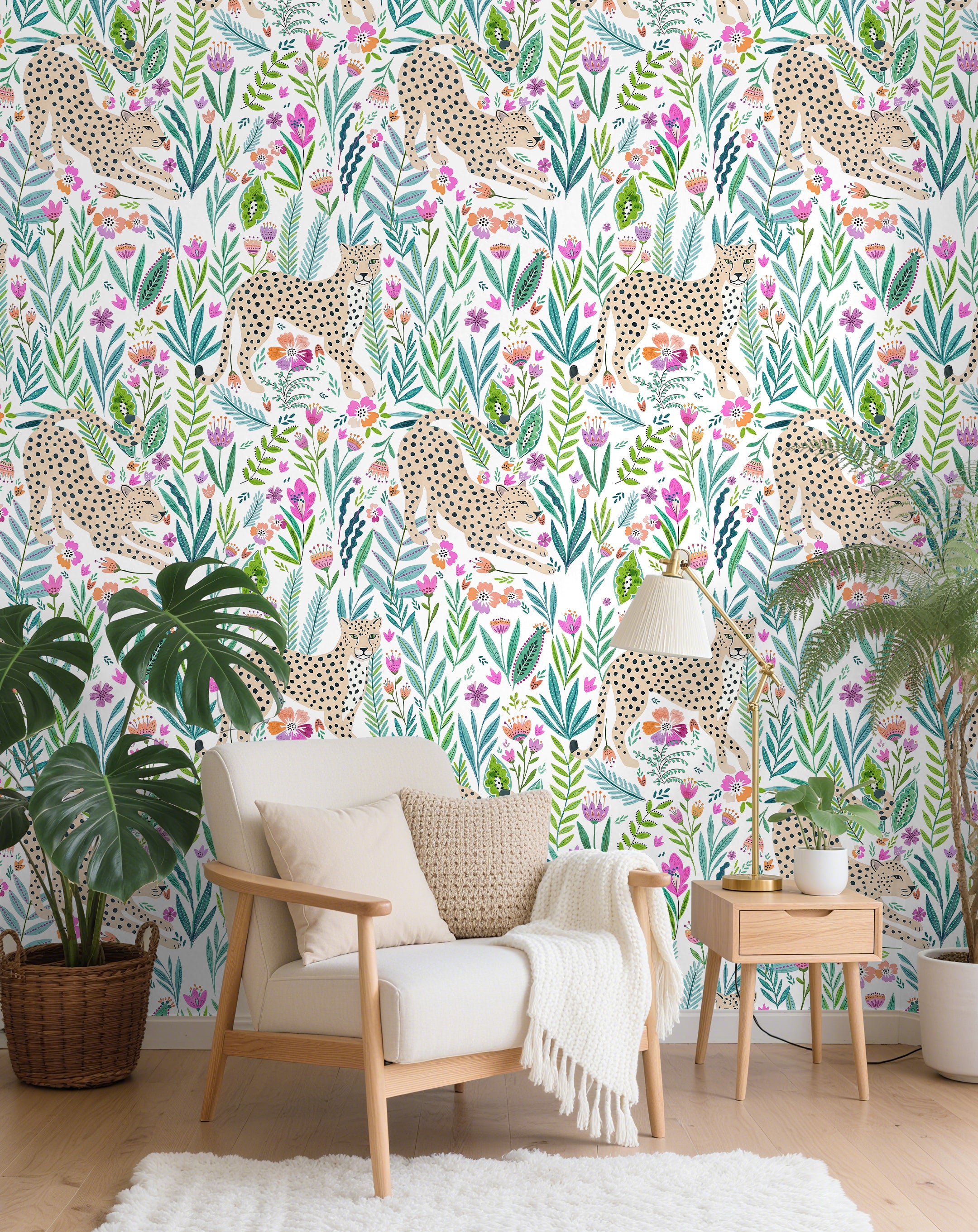 HaokHome Floral Peel and Stick Wallpaper Colorful Tropical Cheetah Jungle, Boho Botanical Flat Illustration Removable Self Adhesive Vinyl Contact Paper for Living Room