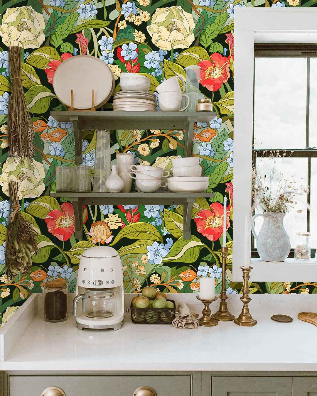 HaokHome Moody Dark Botanical Peel and Stick Wallpaper, Lush Vintage Floral Removable Self Adhesive Wallpaper with Vibrant Wildflower Blooms