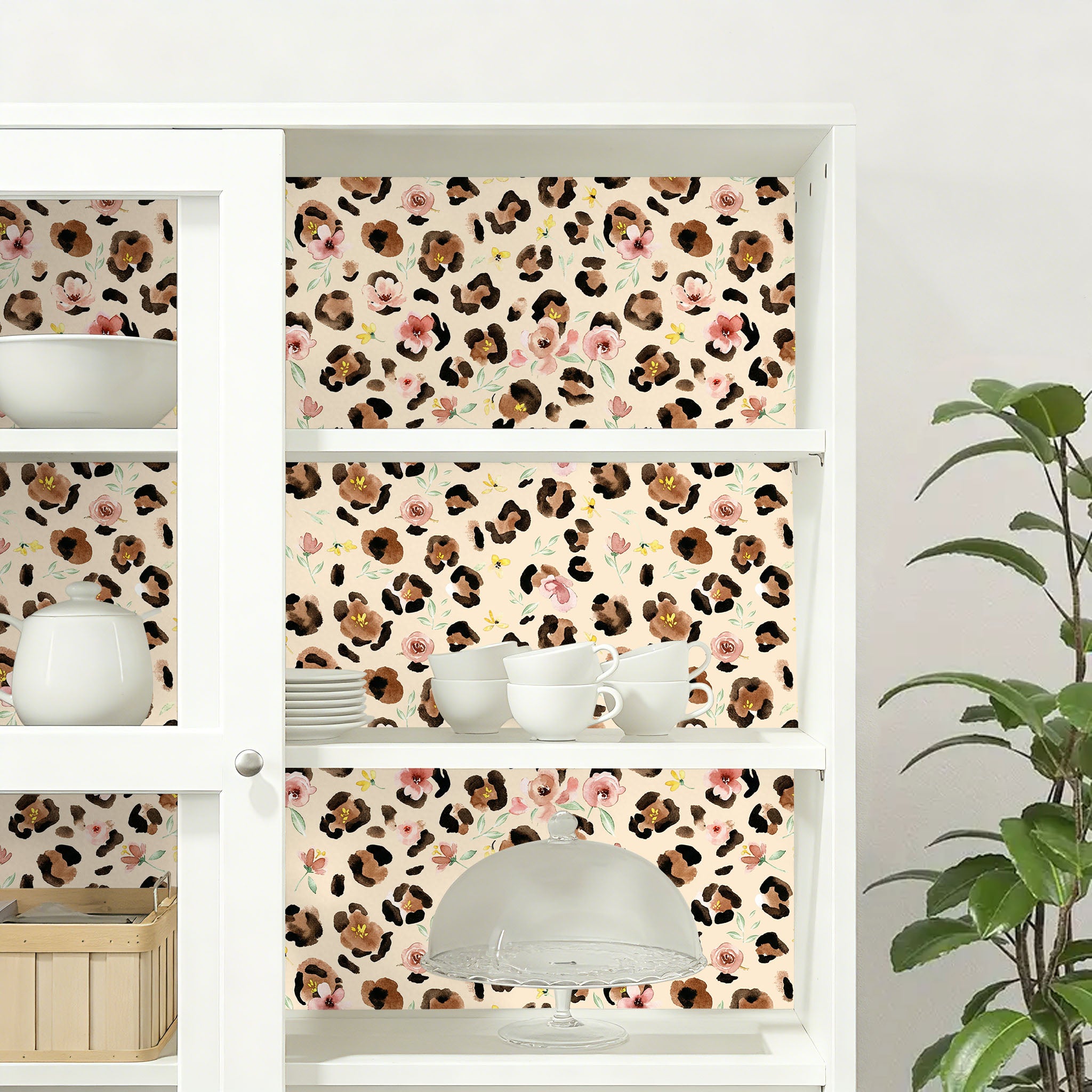 HaokHome Peel and Stick Wallpaper Watercolor Leopard Print Floral Wall Mural Removable Self Adhesive Soft Botanical Wallpaper