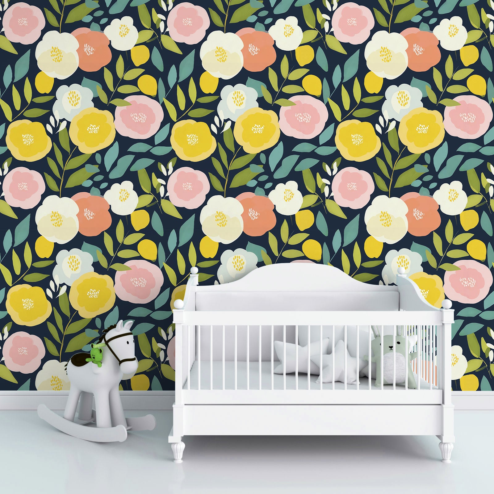 HaokHome Navy Botanical Peel and Stick Wallpaper, Colorful Flower & Leaf Removable Wallpaper for Renters