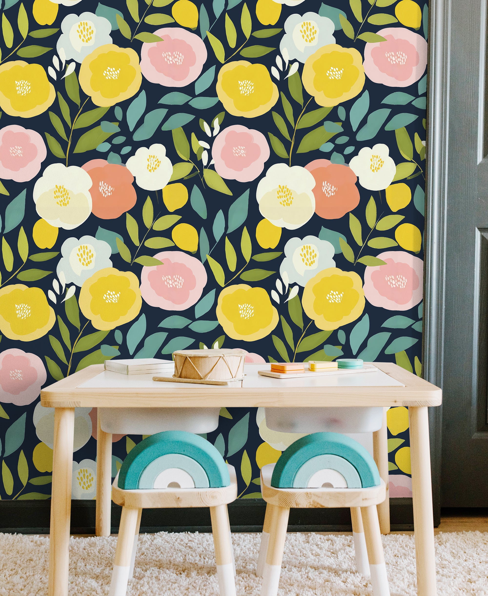 HaokHome Navy Botanical Peel and Stick Wallpaper, Colorful Flower & Leaf Removable Wallpaper for Renters