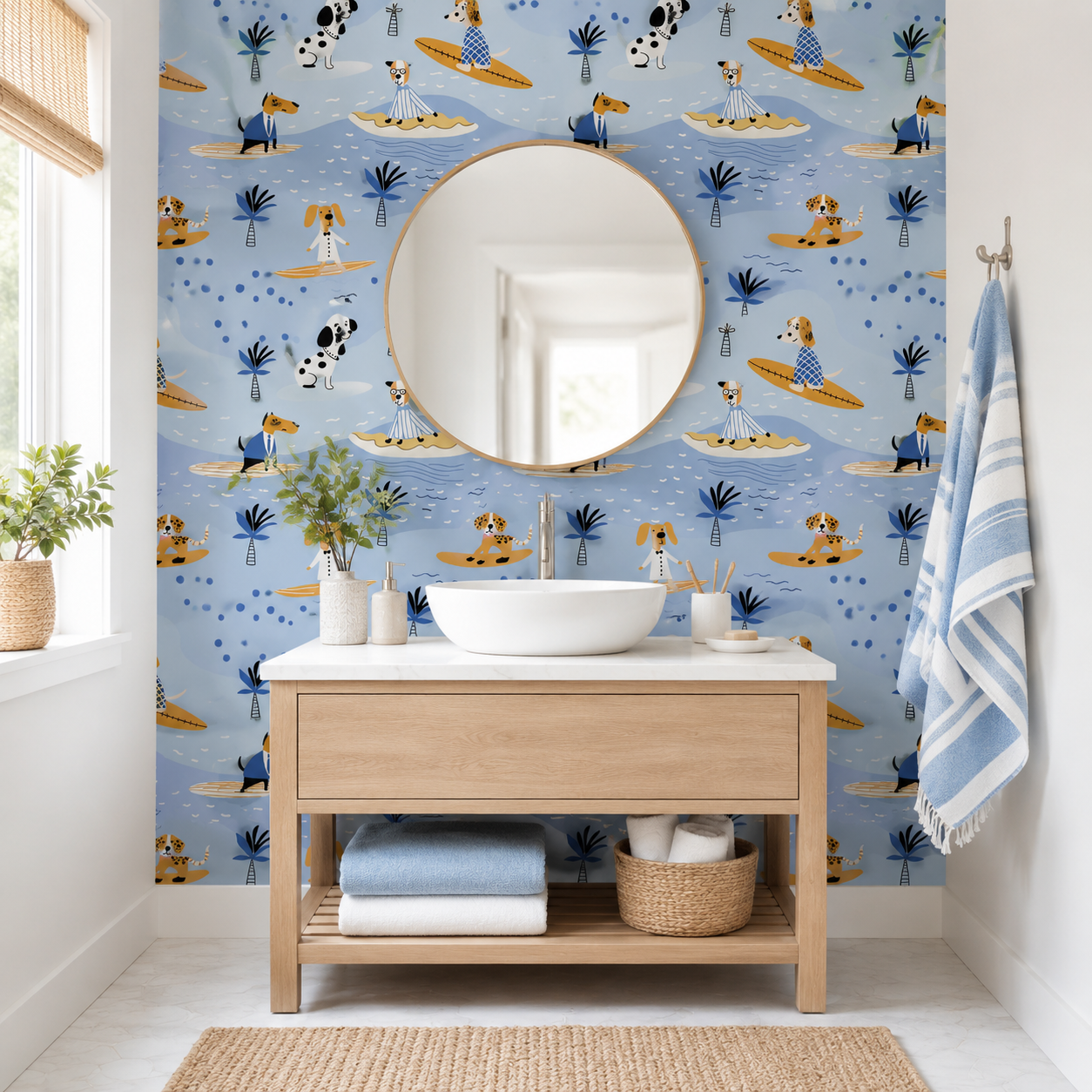 HaokHome Peel and Stick Wallpaper Surfing Dogs Blue Beach Kids Room Wall Mural Removable Self Adhesive Coastal Nursery Wallpaper